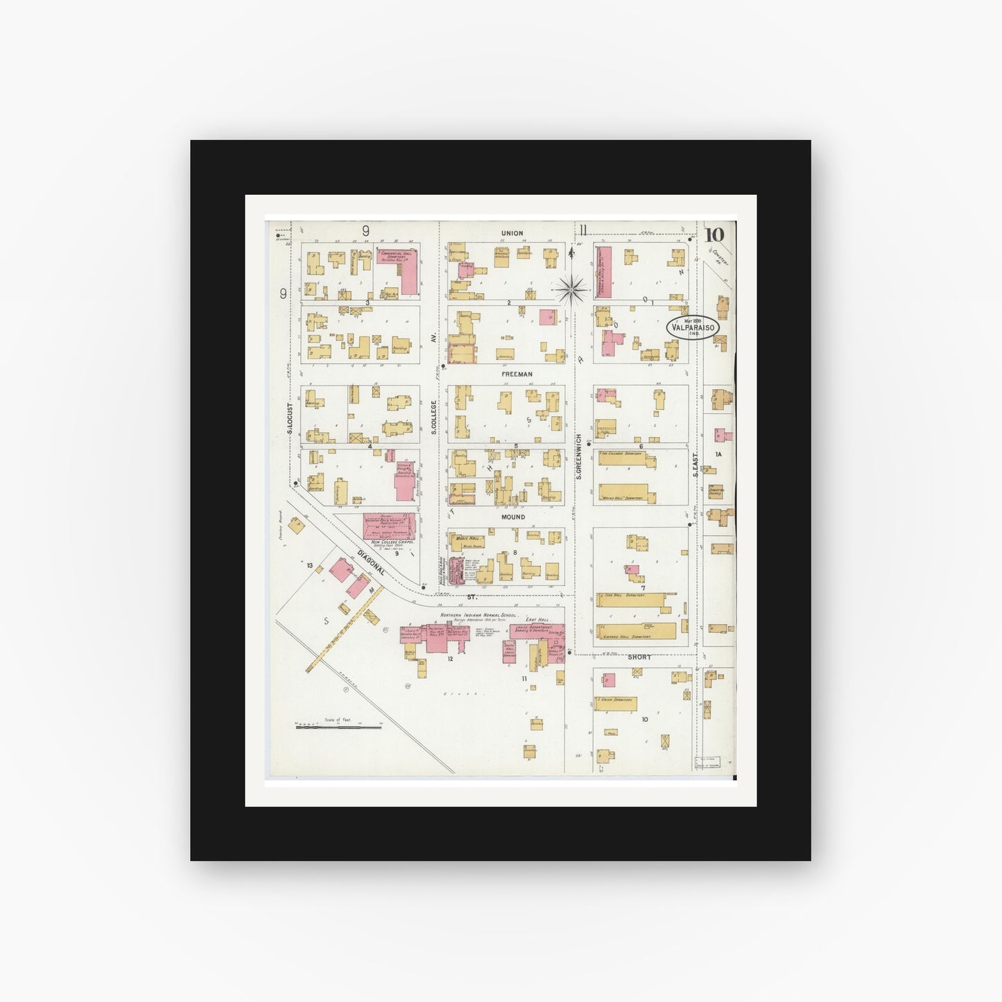 Old map wall art mockup — black gallery frame with white mat — Sanborn Fire Insurance Map from Valparaiso, Porter County, Indiana (1899), Sheet #0010