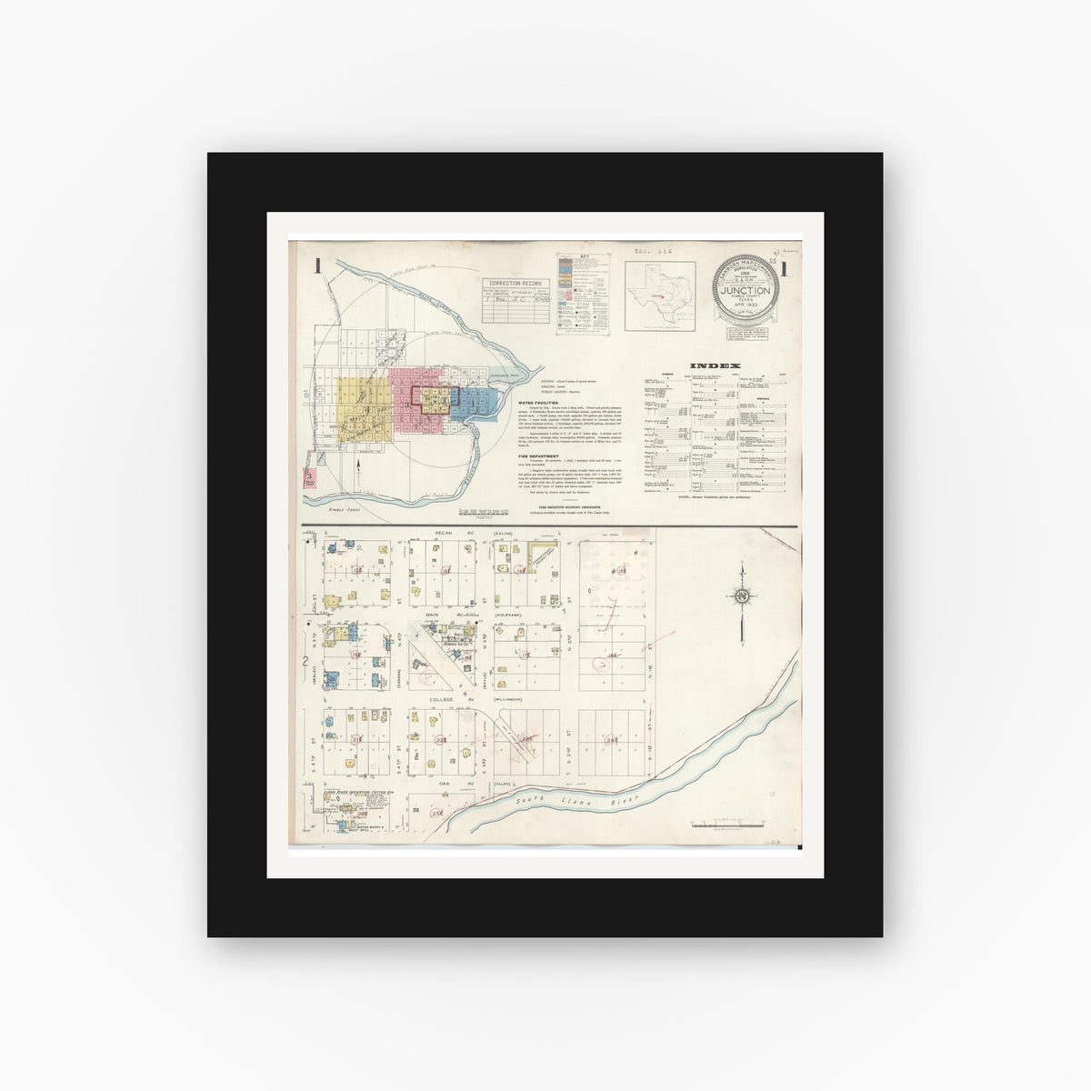 Old map wall art mockup — black gallery frame with white mat — Sanborn Fire Insurance Map from Junction, Kimble County, Texas (1942) - Complete Map Set