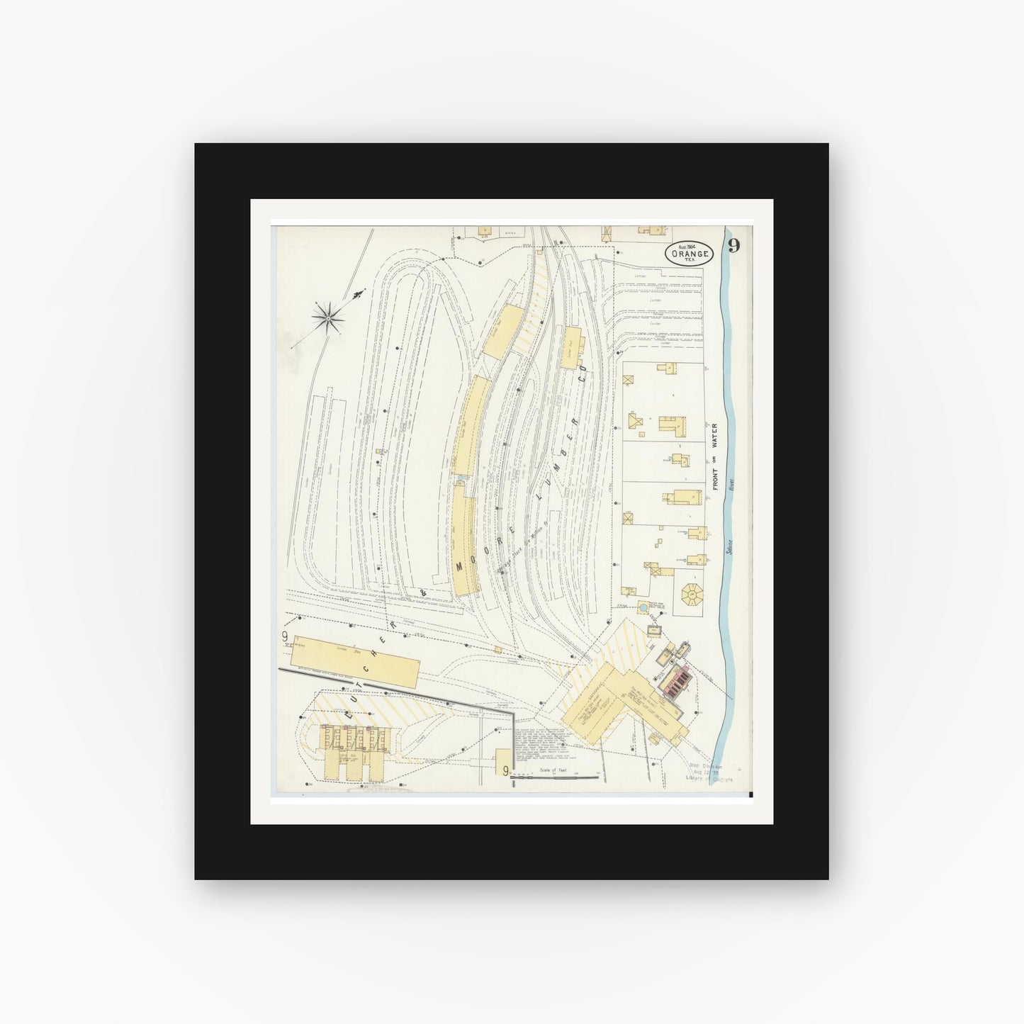 Old map wall art mockup — black gallery frame with white mat — Sanborn Fire Insurance Map from Orange, Orange County, Texas (1904), Sheet #0009