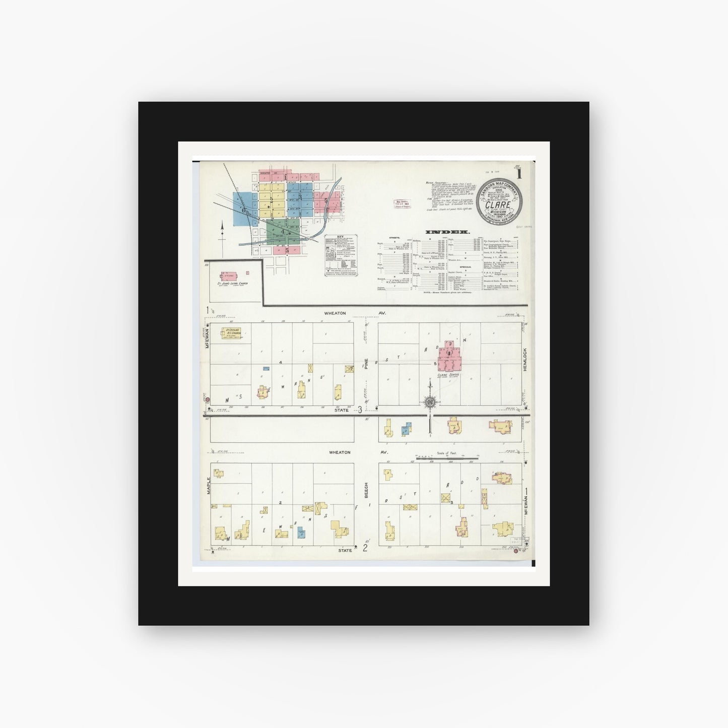 Old map wall art mockup — black gallery frame with white mat — Sanborn Fire Insurance Map from Clare, Clare County, Michigan (1910) - Complete Map Set