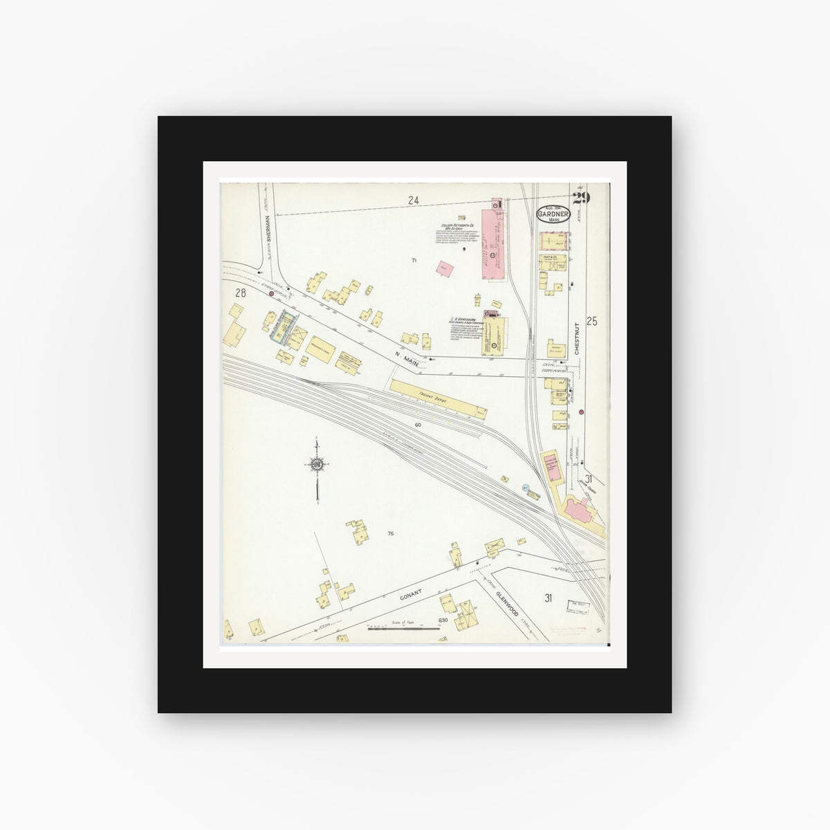 Old map wall art mockup — black gallery frame with white mat — Sanborn Fire Insurance Map from Gardner, Worcester County, Massachusetts (1914), Sheet #0029