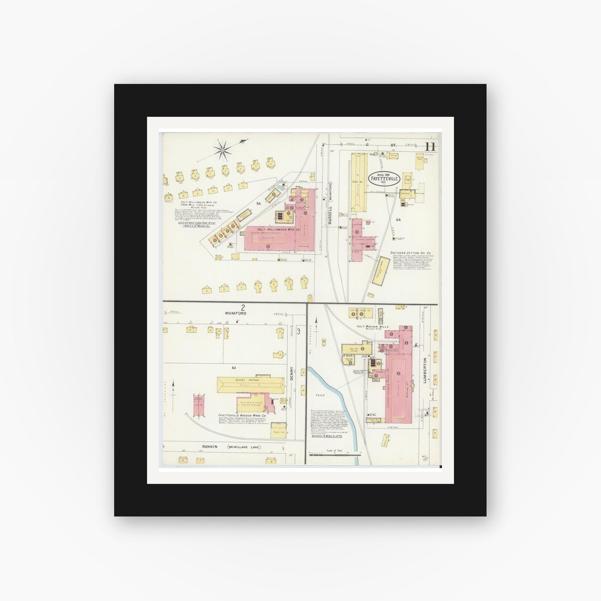 Old map wall art mockup — black gallery frame with white mat — Sanborn Fire Insurance Map from Fayetteville, Cumberland County, North Carolina (1908), Sheet #0011