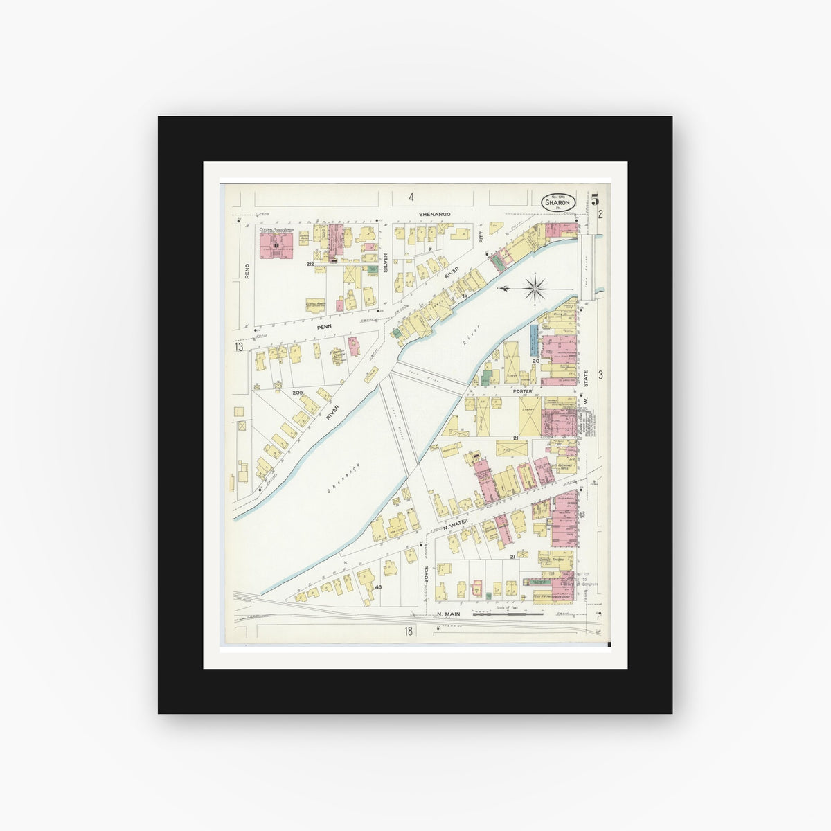 Old map wall art mockup — black gallery frame with white mat — Sanborn Fire Insurance Map from Sharon, Mercer County, Pennsylvania (1908), Sheet #0005
