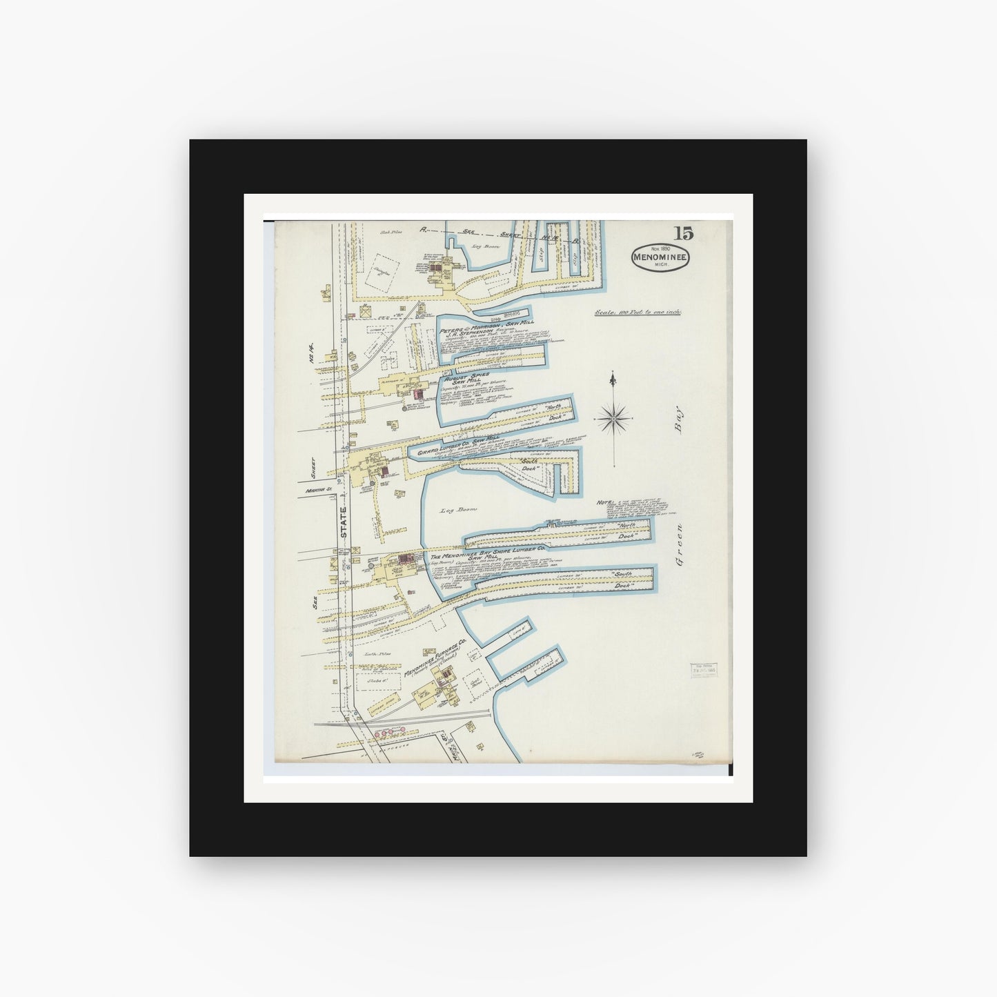 Old map wall art mockup — black gallery frame with white mat — Sanborn Fire Insurance Map from Menominee, Menominee County, Michigan (1890), Sheet #0015