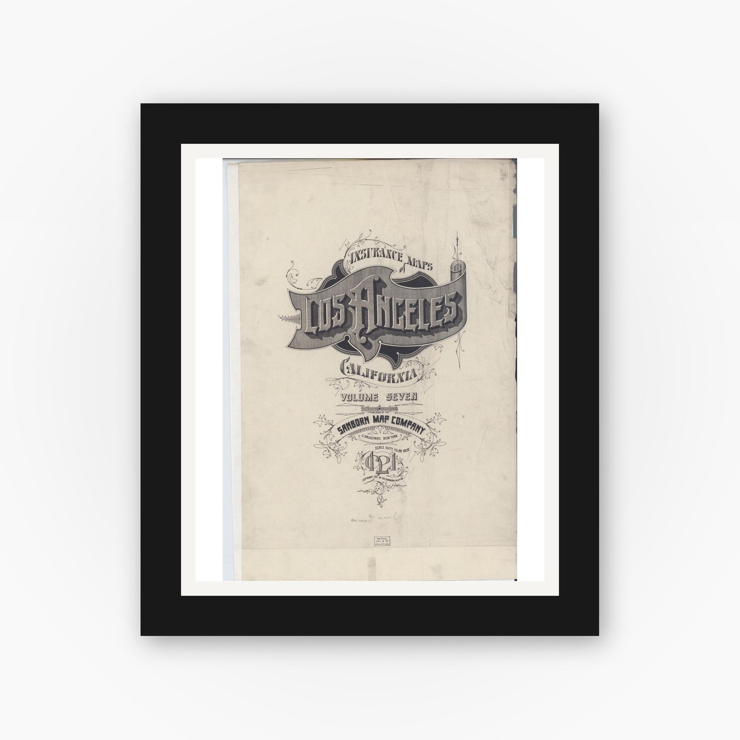 Old map wall art mockup — black gallery frame with white mat — Sanborn Fire Insurance Map from Los Angeles, Los Angeles County, California (1921), Sheet #0001