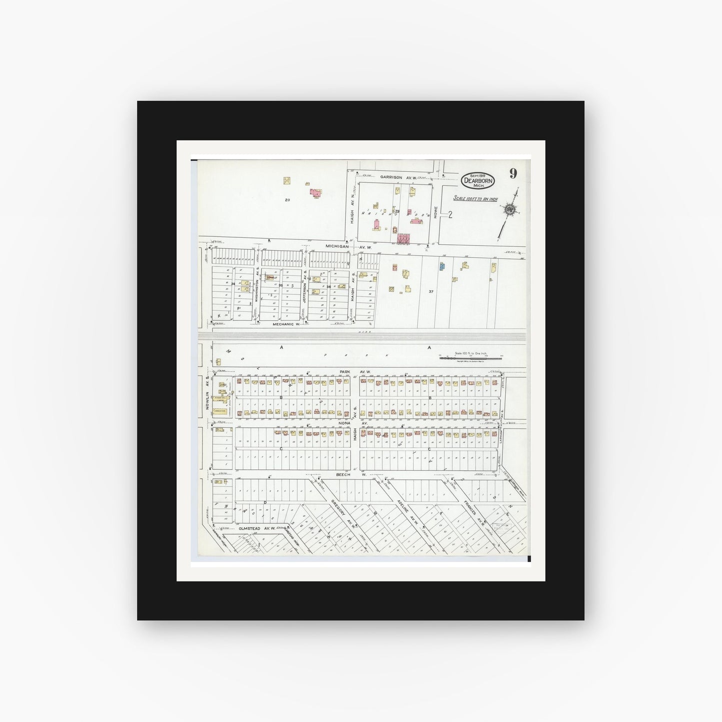 Old map wall art mockup — black gallery frame with white mat — Sanborn Fire Insurance Map from Dearborn, Wayne County, Michigan (1919), Sheet #0009