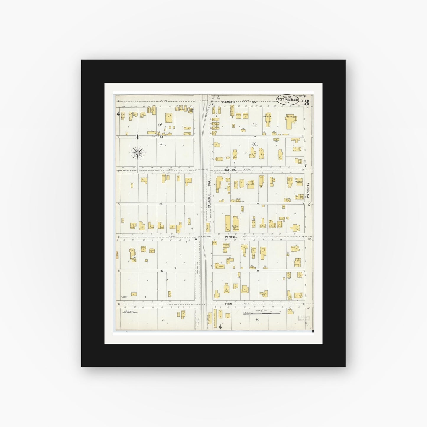 Old map wall art mockup — black gallery frame with white mat — Sanborn Fire Insurance Map from West Palm Beach, Dade County, Florida (1903), Sheet #0003