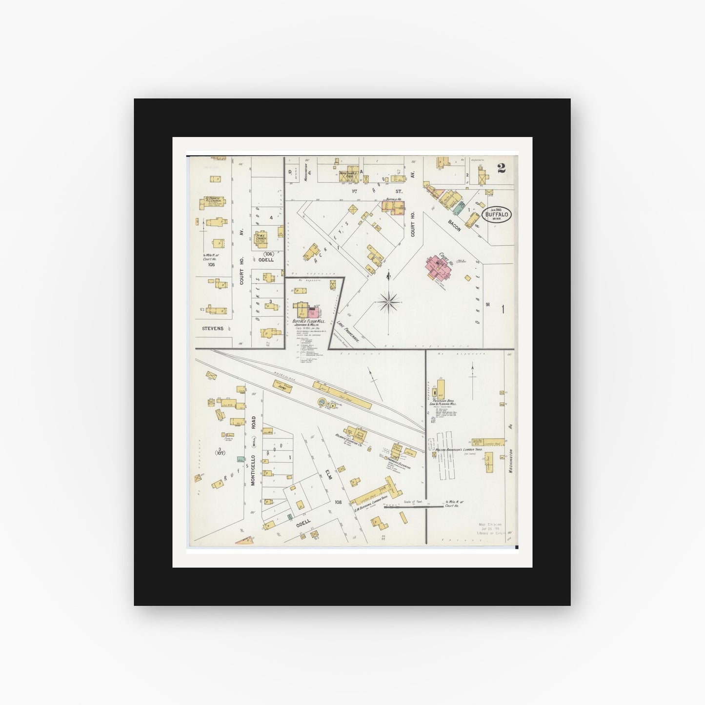 Old map wall art mockup — black gallery frame with white mat — Sanborn Fire Insurance Map from Buffalo, Wright County, Minnesota (1900), Sheet #0002