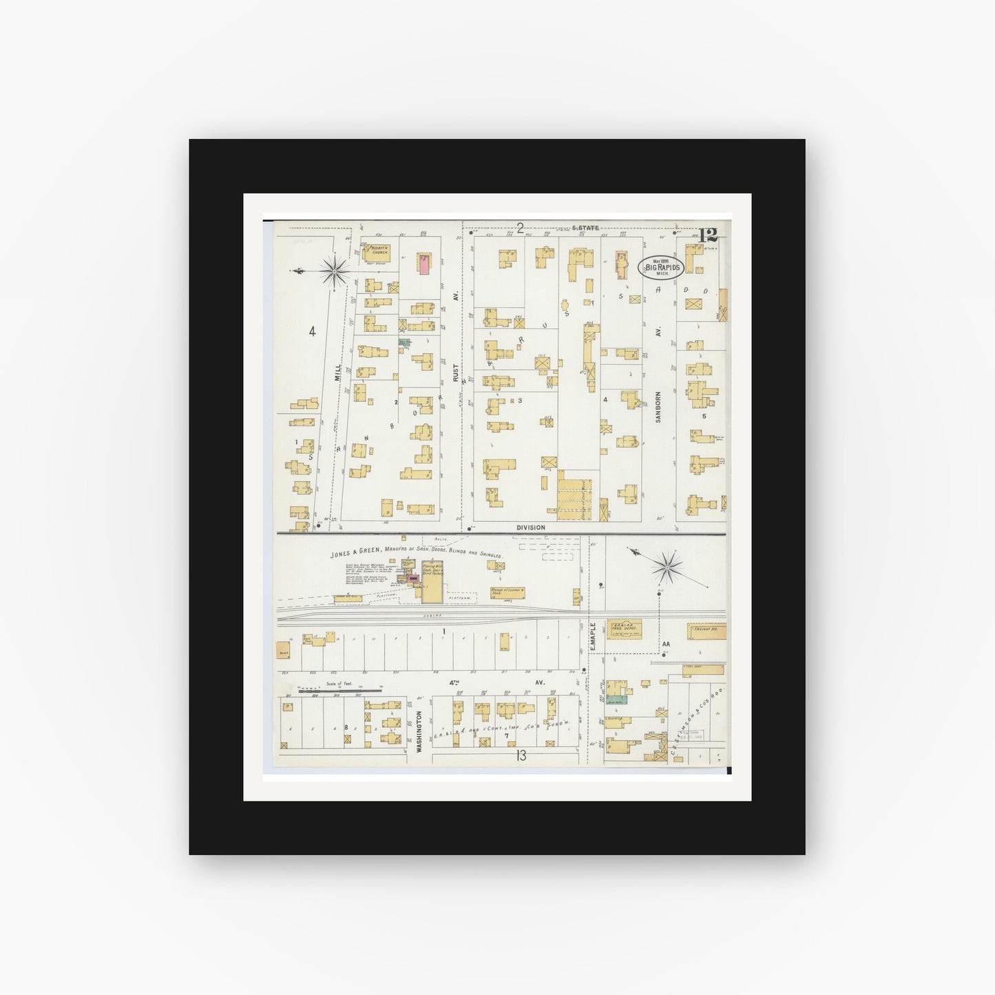 Old map wall art mockup — black gallery frame with white mat — Sanborn Fire Insurance Map from Big Rapids, Mecosta County, Michigan (1899), Sheet #0012