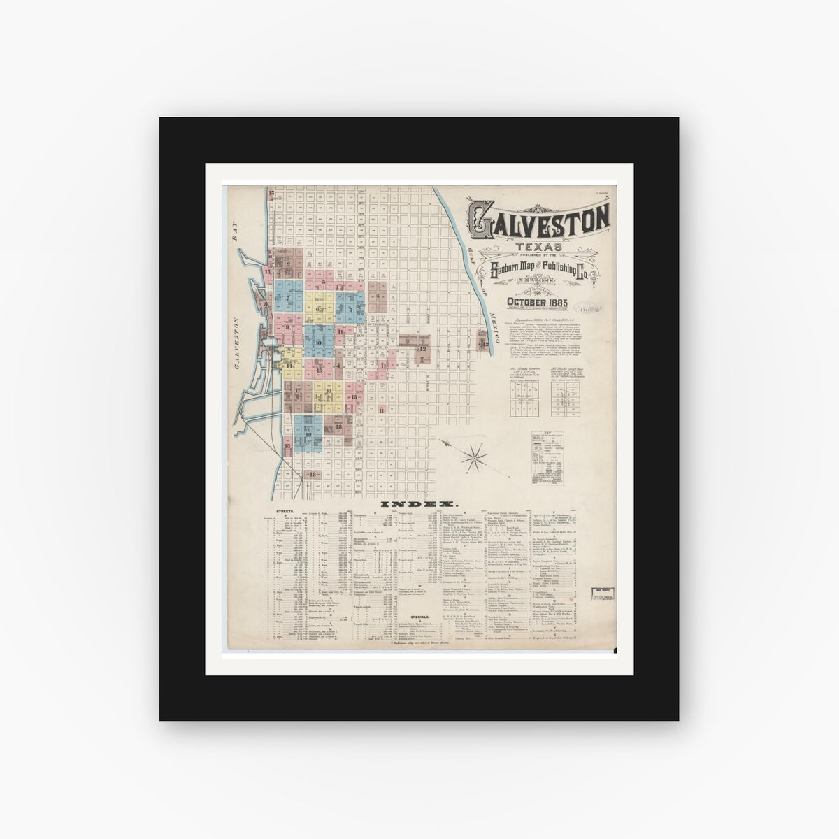 Old map wall art mockup — black gallery frame with white mat — Sanborn Fire Insurance Map from Galveston, Galveston County, Texas (1885), Sheet #0001