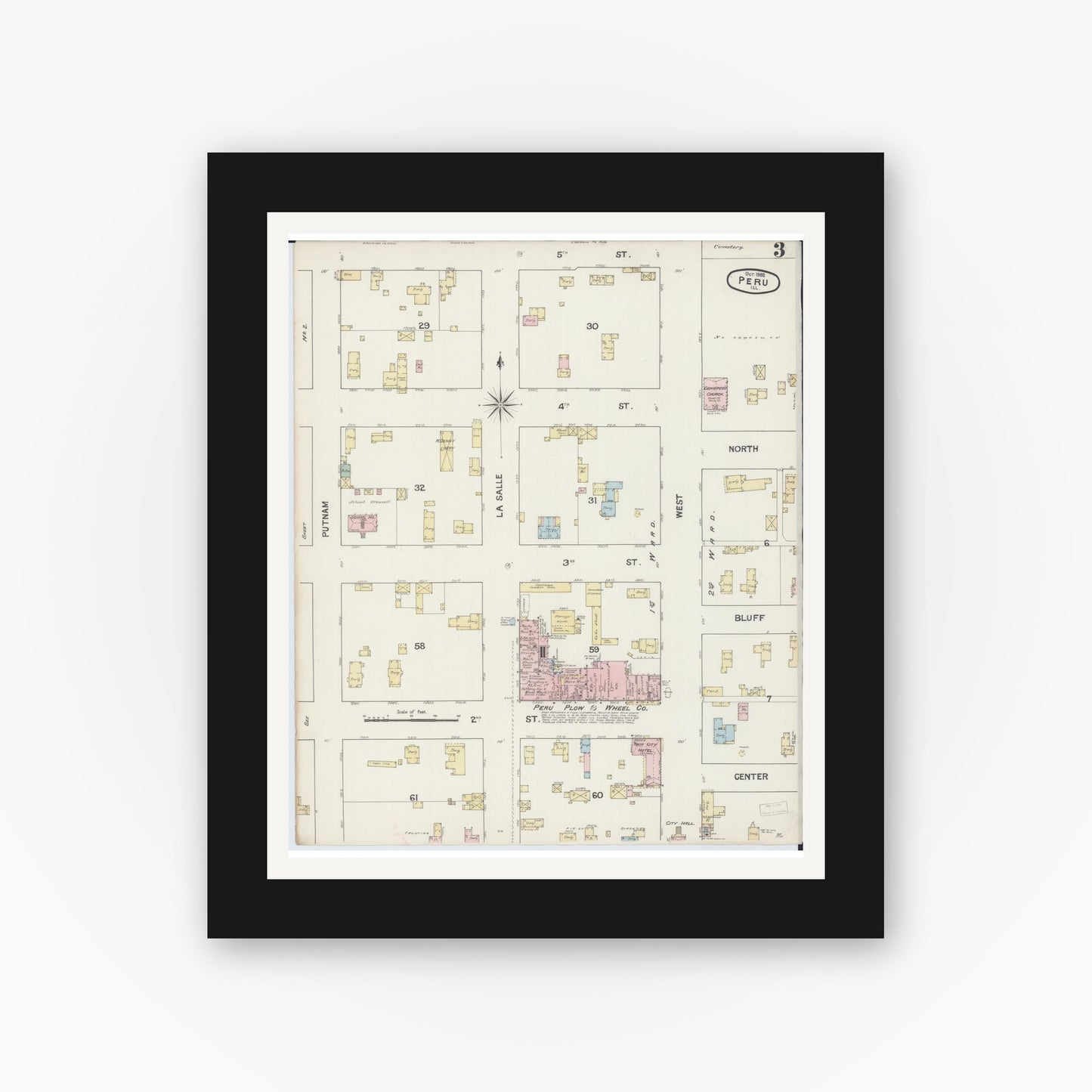 Old map wall art mockup — black gallery frame with white mat — Sanborn Fire Insurance Map from Peru, La Salle County, Illinois (1888), Sheet #0003