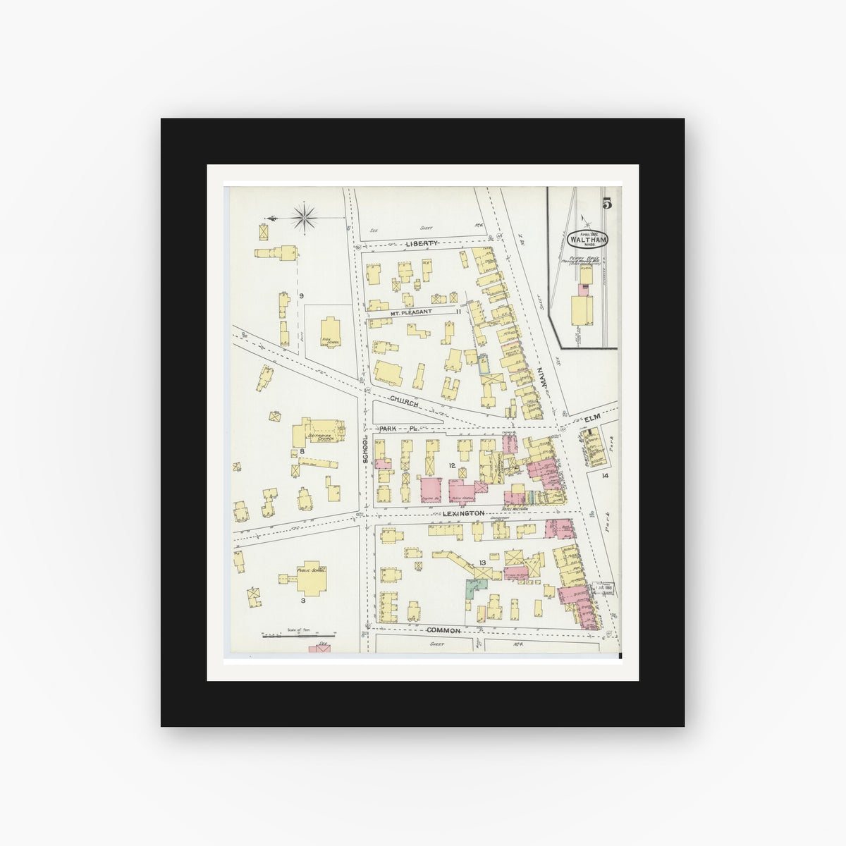 Old map wall art mockup — black gallery frame with white mat — Sanborn Fire Insurance Map from Waltham, Middlesex County, Massachusetts (1892), Sheet #0005