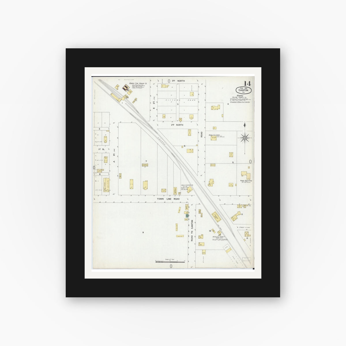 Old map wall art mockup — black gallery frame with white mat — Sanborn Fire Insurance Map from Canton, Fulton County, Illinois (1902), Sheet #0014