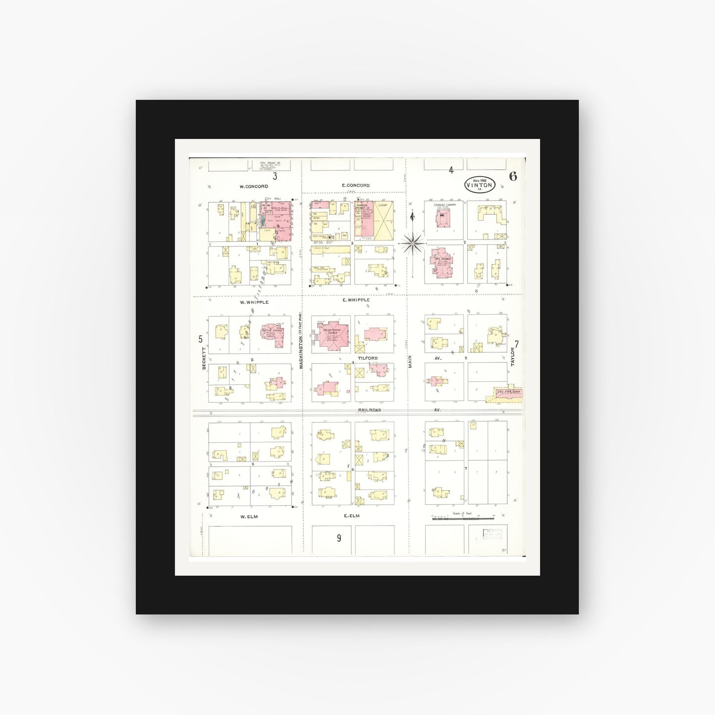 Old map wall art mockup — black gallery frame with white mat — Sanborn Fire Insurance Map from Vinton, Benton County, Iowa (1906), Sheet #0006