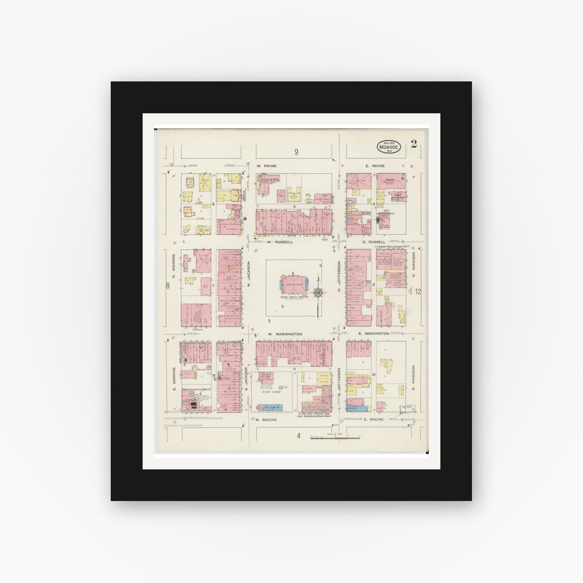 Old map wall art mockup — black gallery frame with white mat — Sanborn Fire Insurance Map from Monroe, Green County, Wisconsin (1915), Sheet #0002