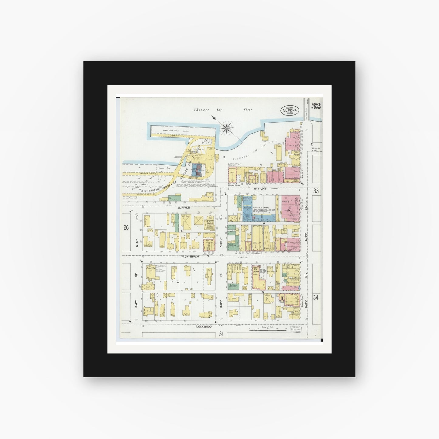 Old map wall art mockup — black gallery frame with white mat — Sanborn Fire Insurance Map from Alpena, Alpena County, Michigan (1901), Sheet #0032