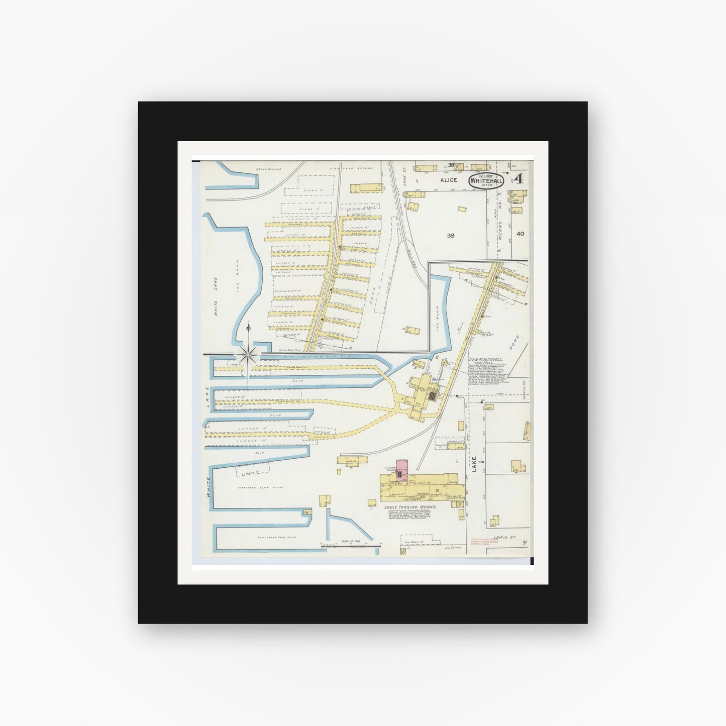 Old map wall art mockup — black gallery frame with white mat — Sanborn Fire Insurance Map from Whitehall, Muskegon County, Michigan (1892), Sheet #0004
