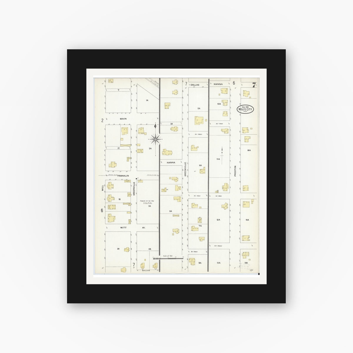 Old map wall art mockup — black gallery frame with white mat — Sanborn Fire Insurance Map from Wolfe City, Hunt County, Texas (1909), Sheet #0007
