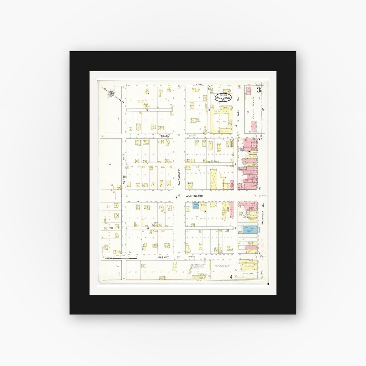 Old map wall art mockup — black gallery frame with white mat — Sanborn Fire Insurance Map from Audubon, Audubon County, Iowa (1913), Sheet #0003