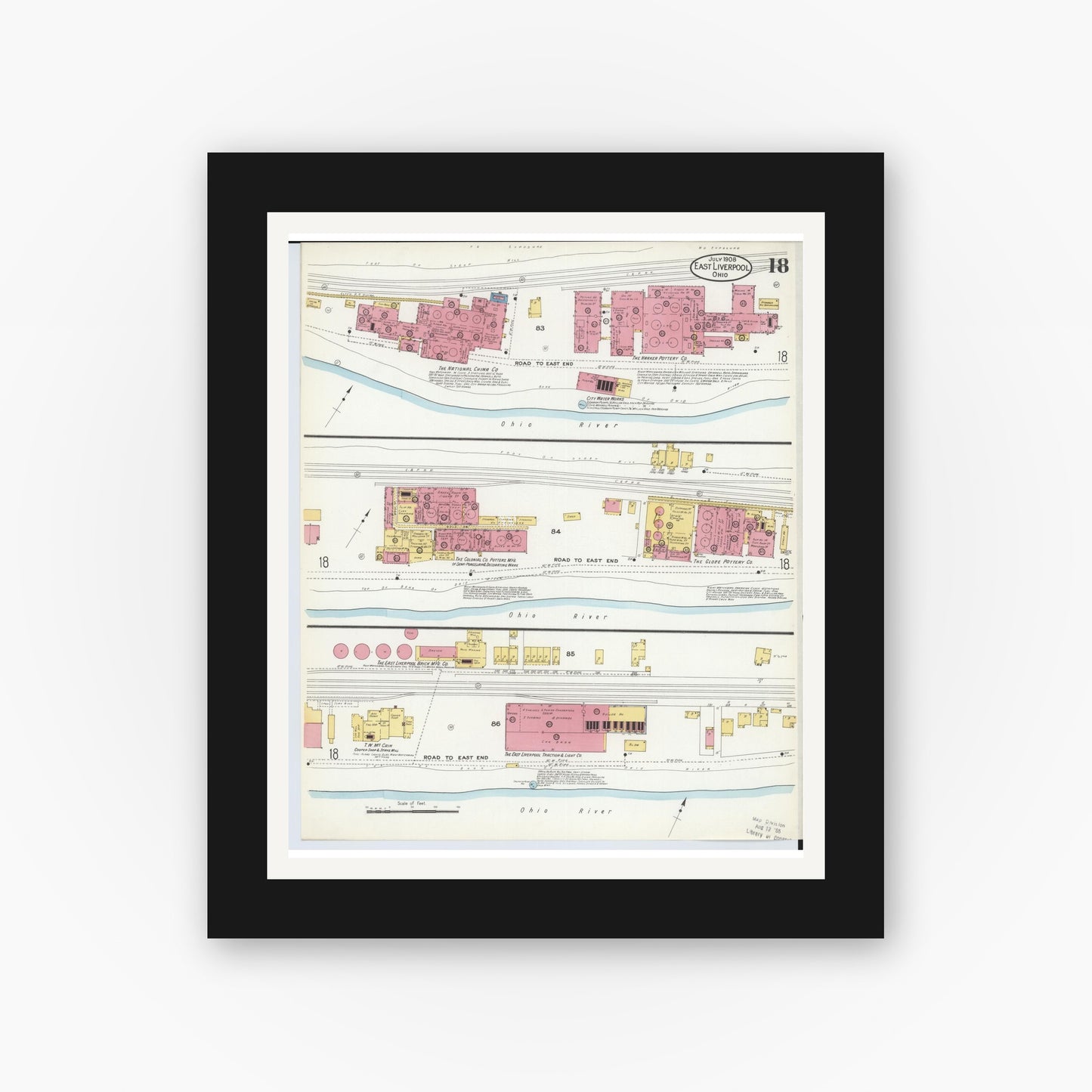 Old map wall art mockup — black gallery frame with white mat — Sanborn Fire Insurance Map from East Liverpool, Columbiana County, Ohio (1908), Sheet #0018