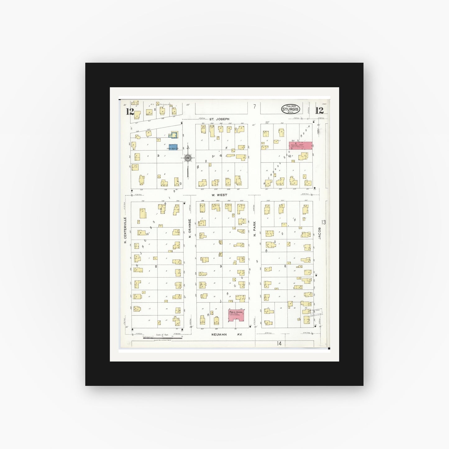 Old map wall art mockup — black gallery frame with white mat — Sanborn Fire Insurance Map from Sturgis, Saint Joseph County, Michigan (1923), Sheet #0012