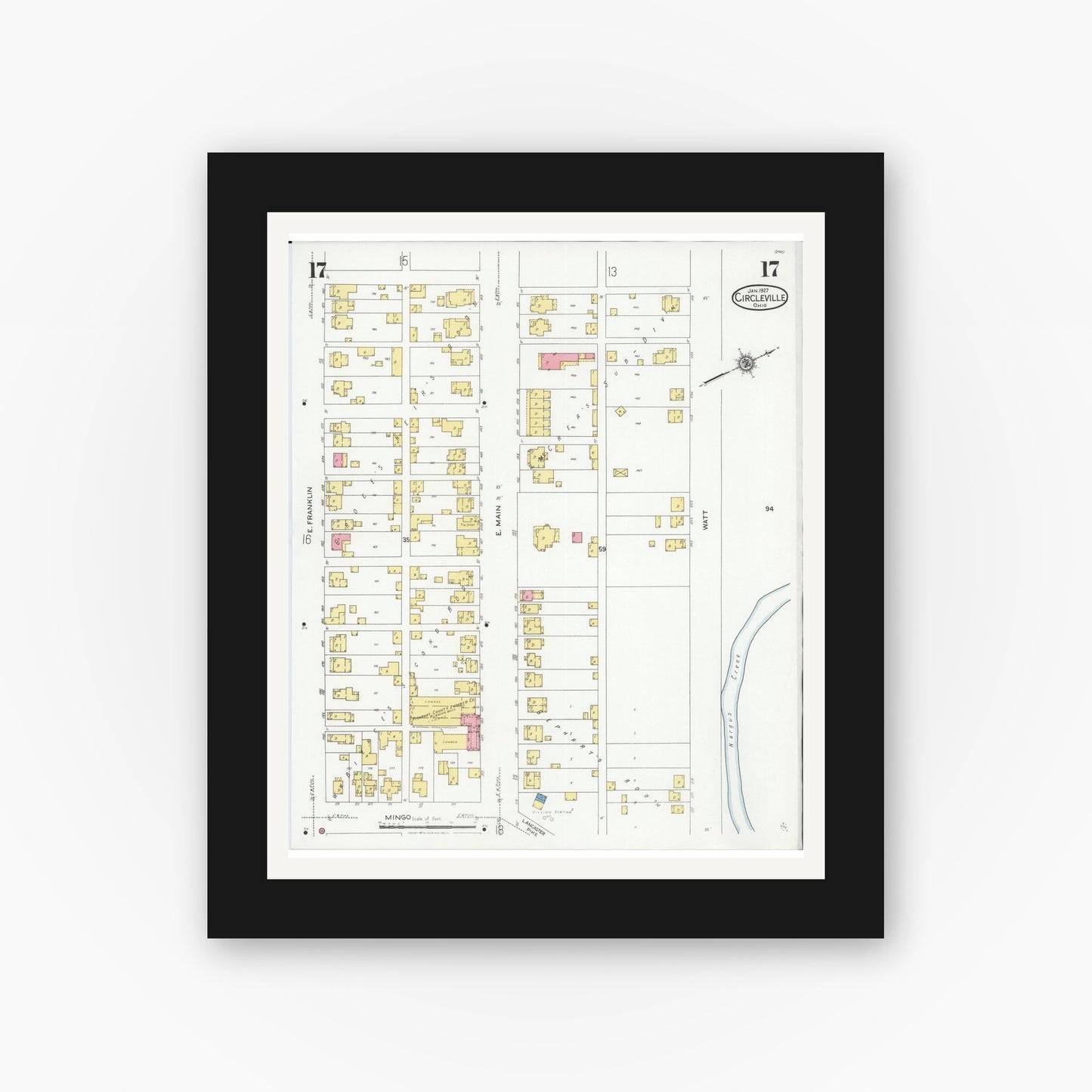 Old map wall art mockup — black gallery frame with white mat — Sanborn Fire Insurance Map from Circleville, Pickaway County, Ohio (1927), Sheet #0017