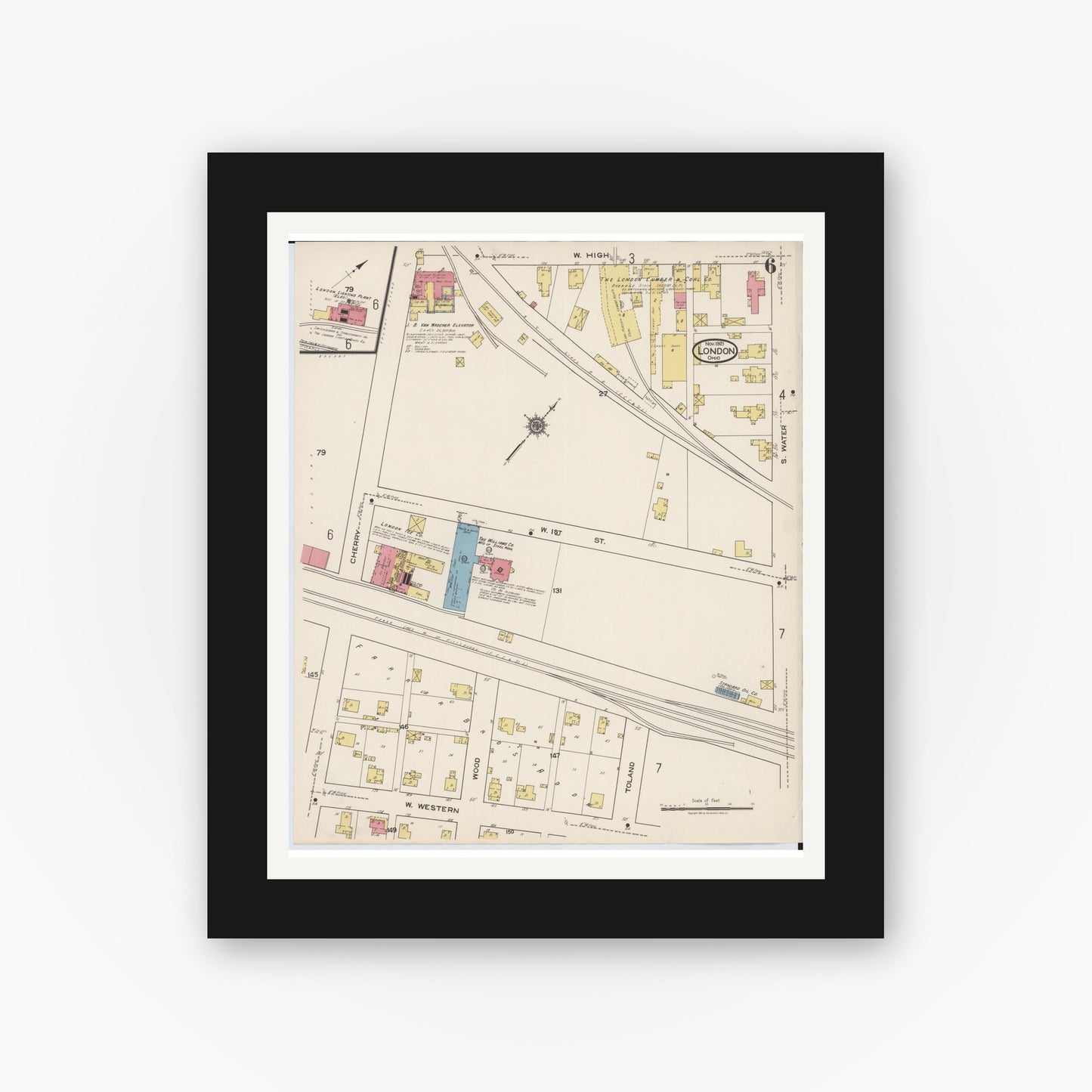 Old map wall art mockup — black gallery frame with white mat — Sanborn Fire Insurance Map from London, Madison County, Ohio (1921), Sheet #0006