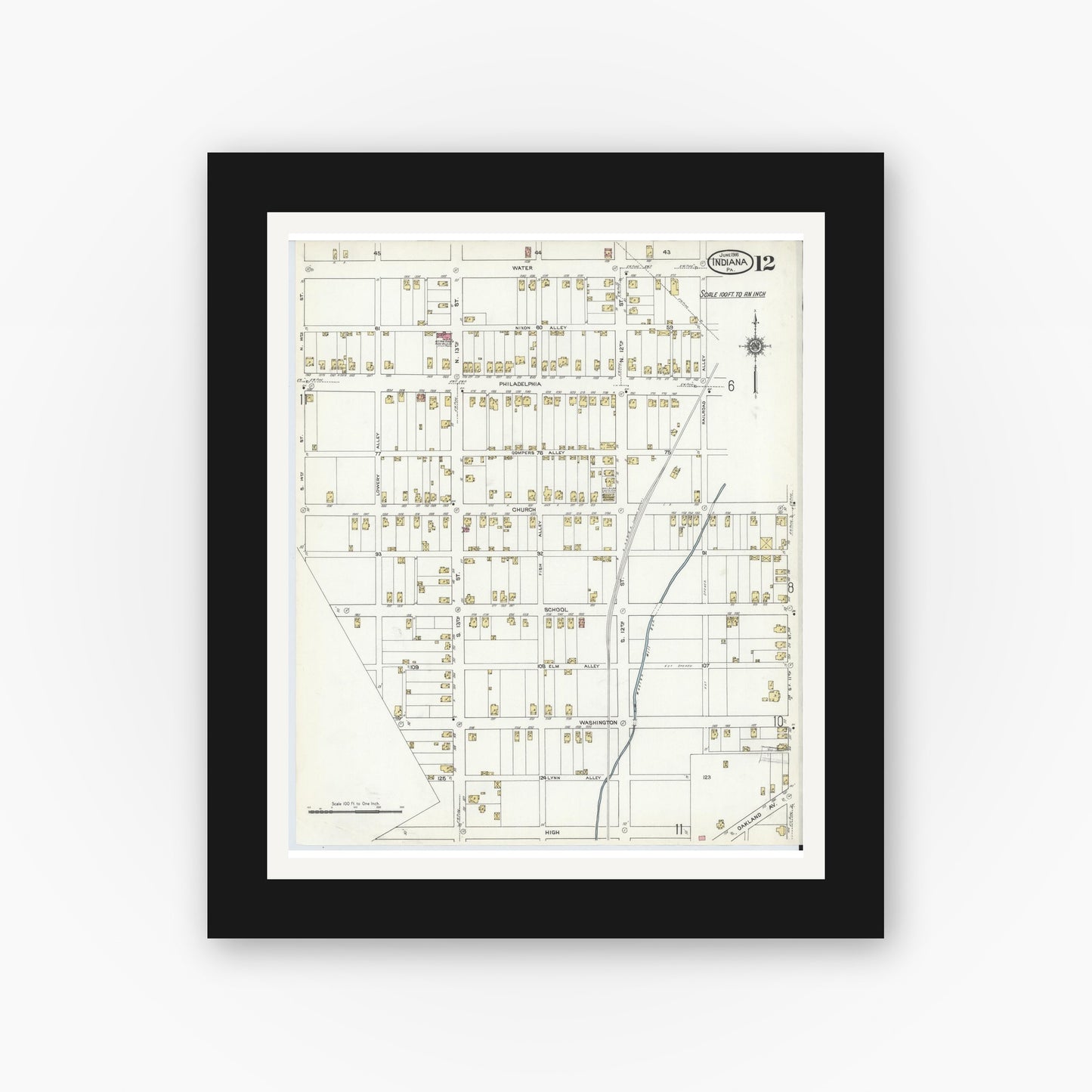 Old map wall art mockup — black gallery frame with white mat — Sanborn Fire Insurance Map from Indiana, Indiana County, Pennsylvania (1916), Sheet #0012