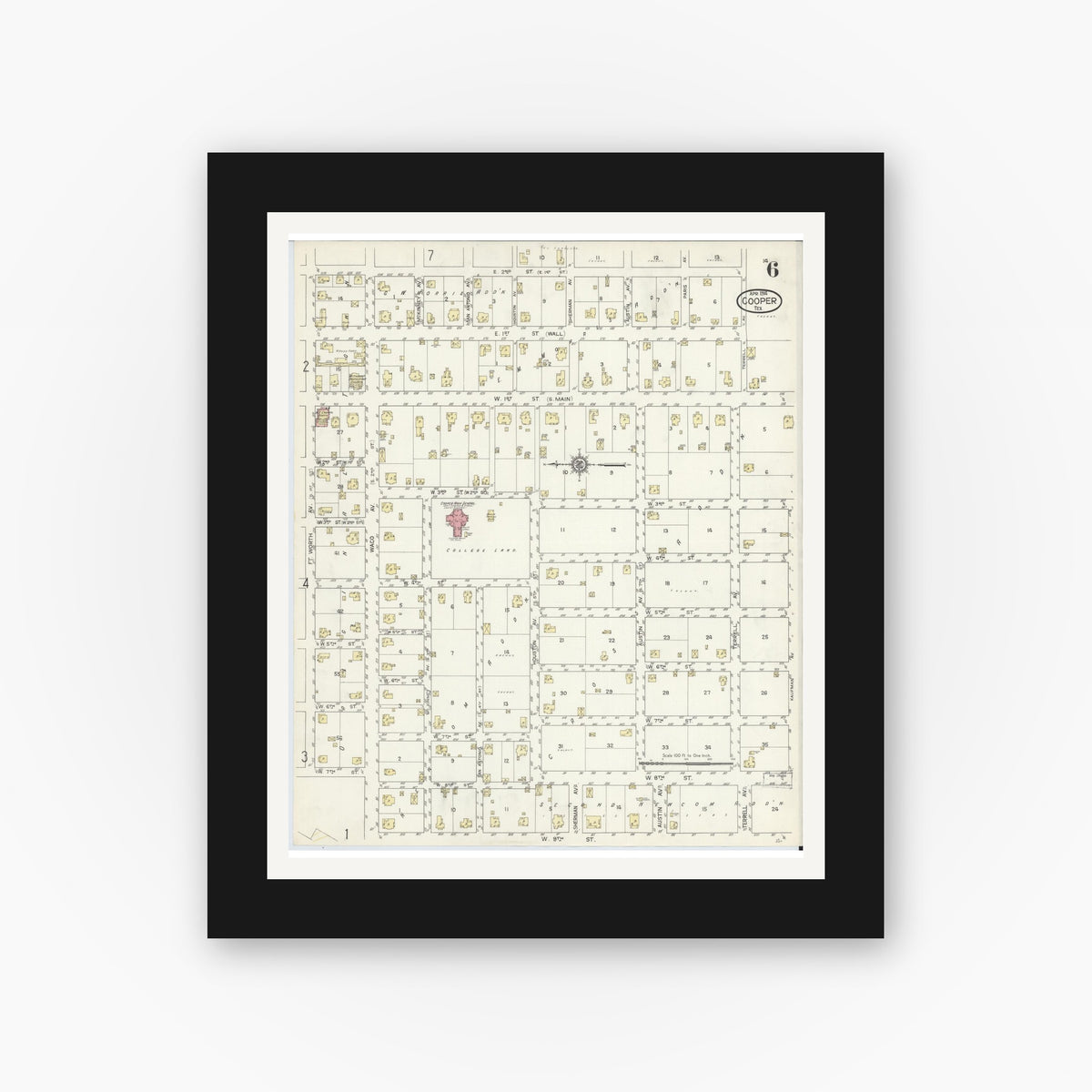 Old map wall art mockup — black gallery frame with white mat — Sanborn Fire Insurance Map from Cooper, Delta County, Texas (1914), Sheet #0006