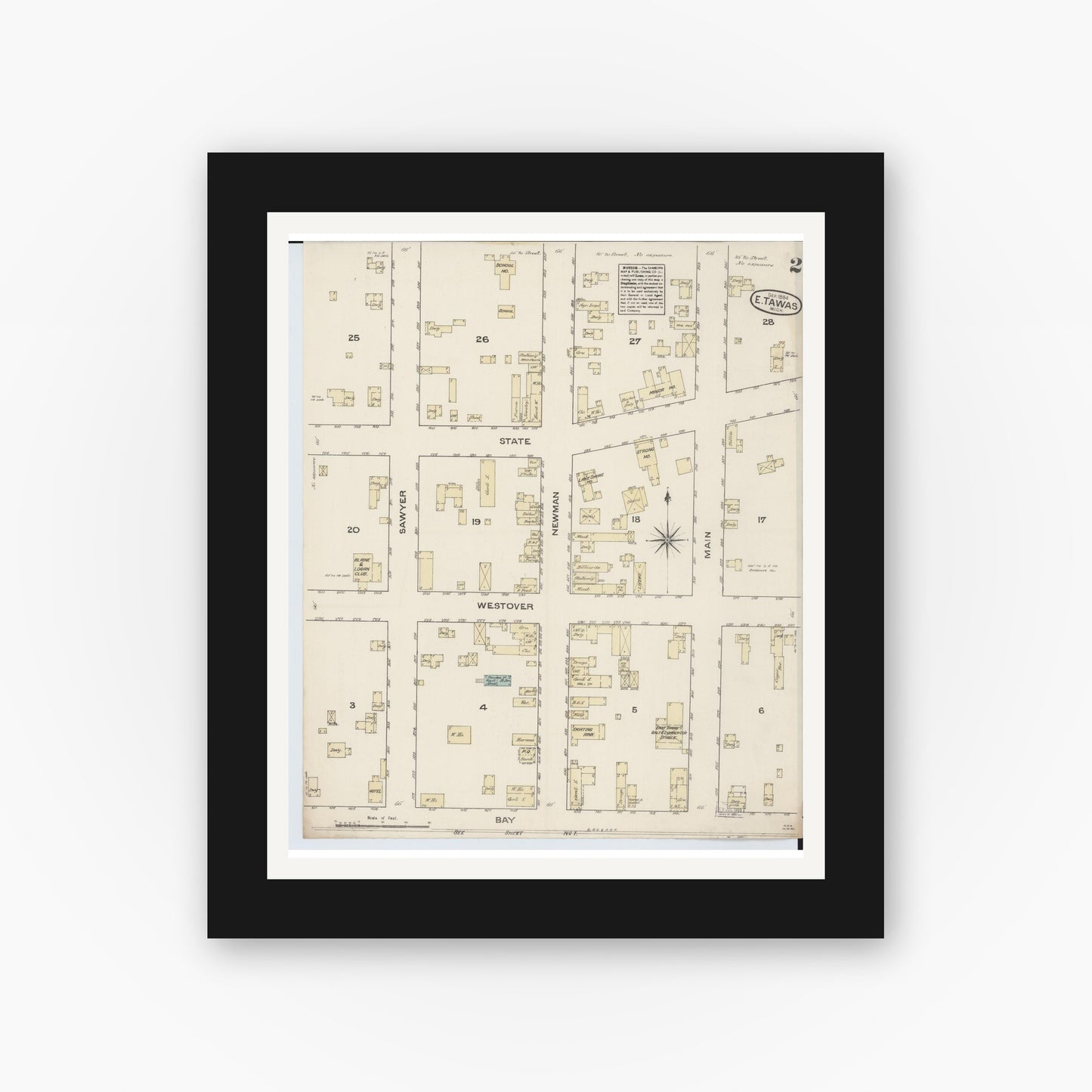 Old map wall art mockup — black gallery frame with white mat — Sanborn Fire Insurance Map from East Tawas, Iosco County, Michigan (1884), Sheet #0002