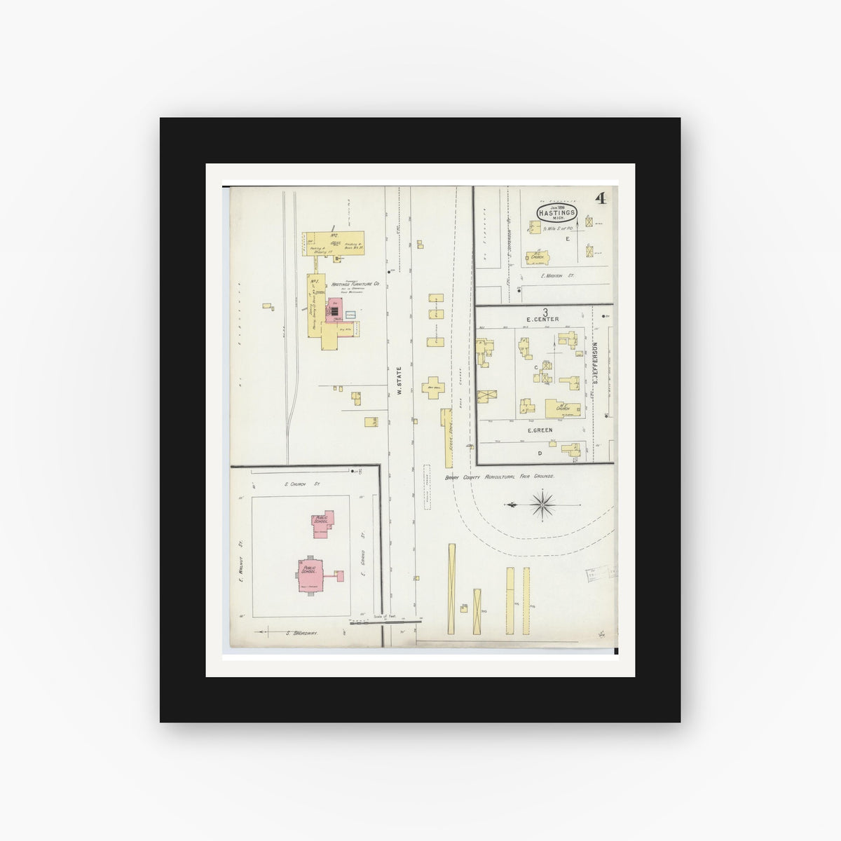 Old map wall art mockup — black gallery frame with white mat — Sanborn Fire Insurance Map from Hastings, Barry County, Michigan (1896), Sheet #0004