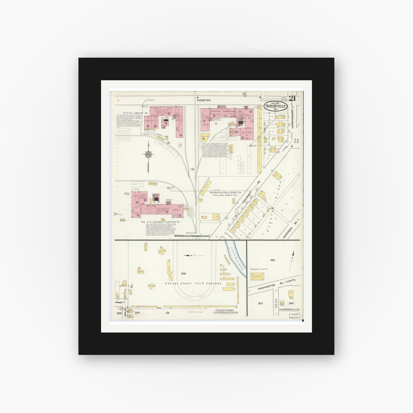 Old map wall art mockup — black gallery frame with white mat — Sanborn Fire Insurance Map from Shelbyville, Shelby County, Indiana (1916), Sheet #0021