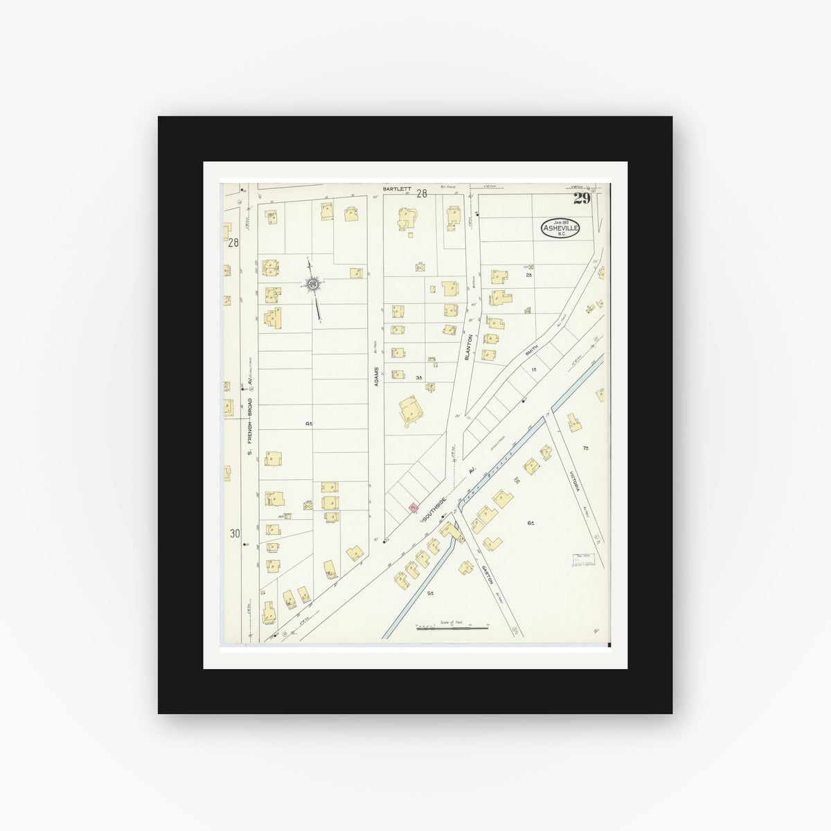 Old map wall art mockup — black gallery frame with white mat — Sanborn Fire Insurance Map from Asheville, Buncombe County, North Carolina (1913), Sheet #0029