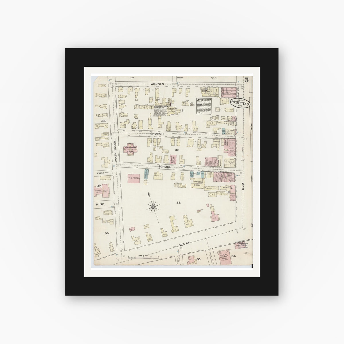 Old map wall art mockup — black gallery frame with white mat — Sanborn Fire Insurance Map from Westfield, Hampden County, Massachusetts (1884), Sheet #0005