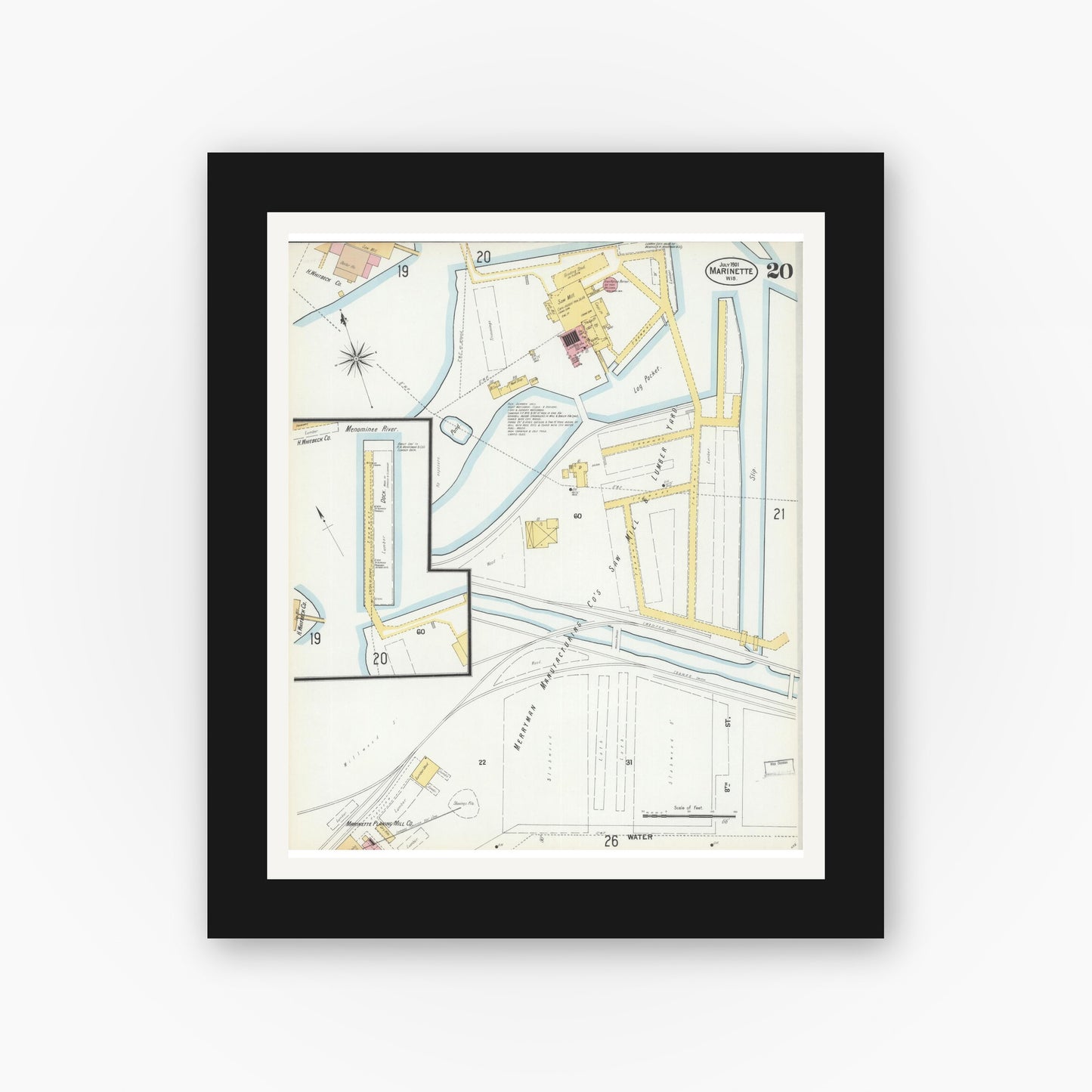 Old map wall art mockup — black gallery frame with white mat — Sanborn Fire Insurance Map from Marinette, Marinette County, Wisconsin (1901), Sheet #0020