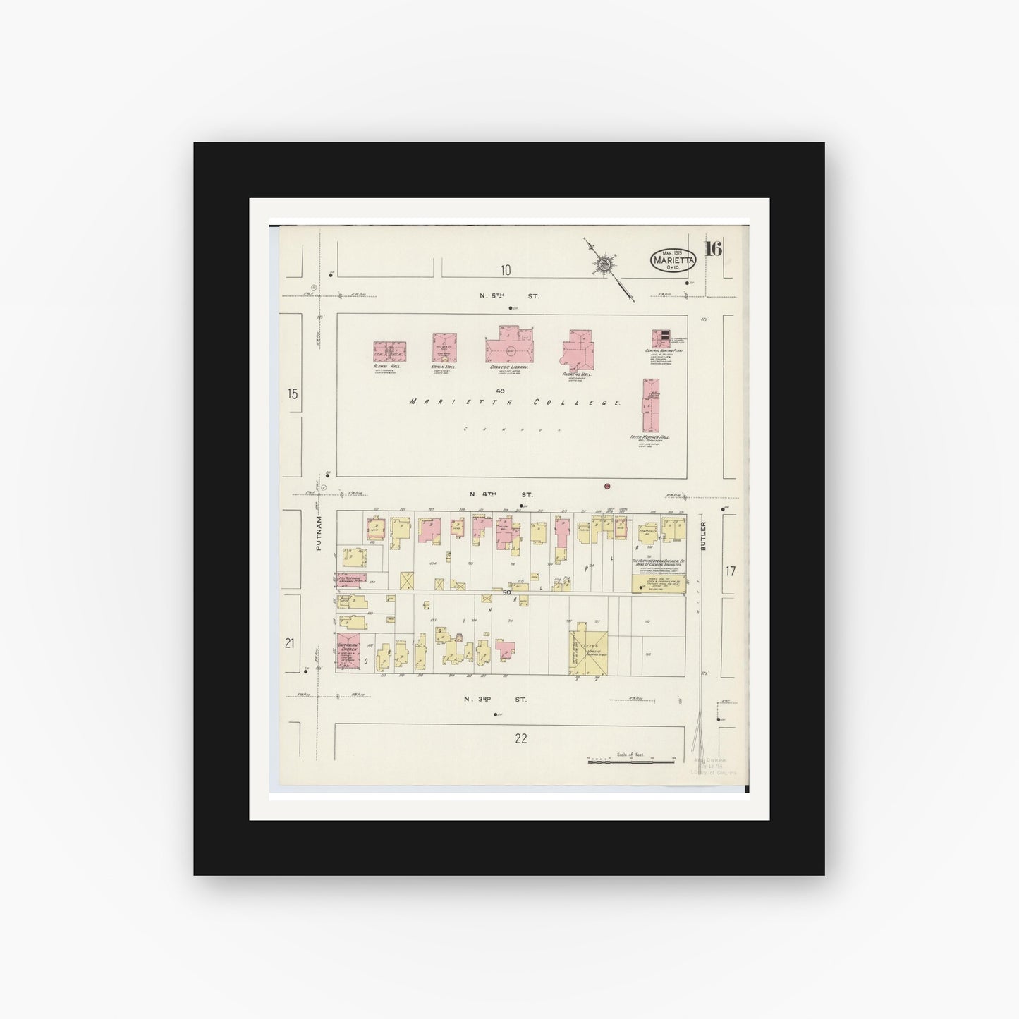 Old map wall art mockup — black gallery frame with white mat — Sanborn Fire Insurance Map from Marietta, Washington County, Ohio (1915), Sheet #0016