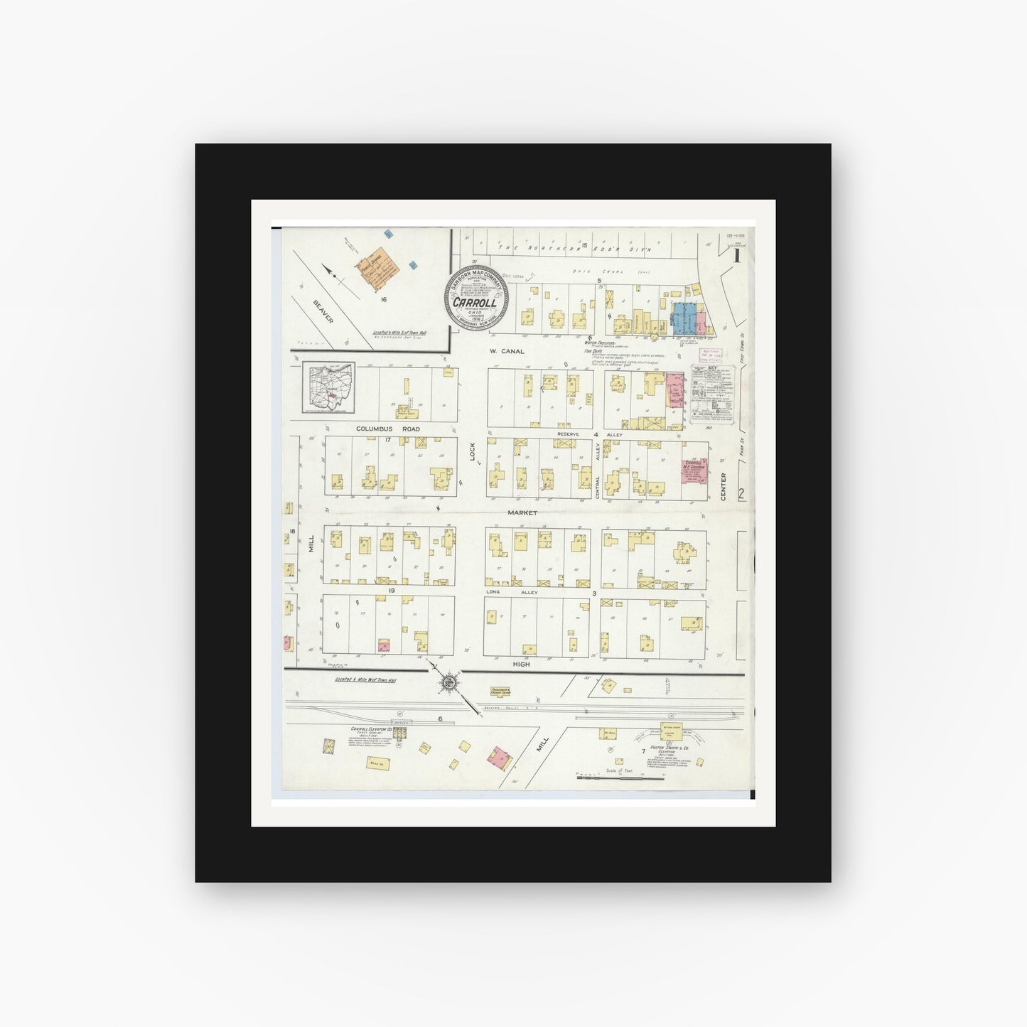 Old map wall art mockup — black gallery frame with white mat — Sanborn Fire Insurance Map from Carroll, Fairfield County, Ohio (1916) - Complete Map Set