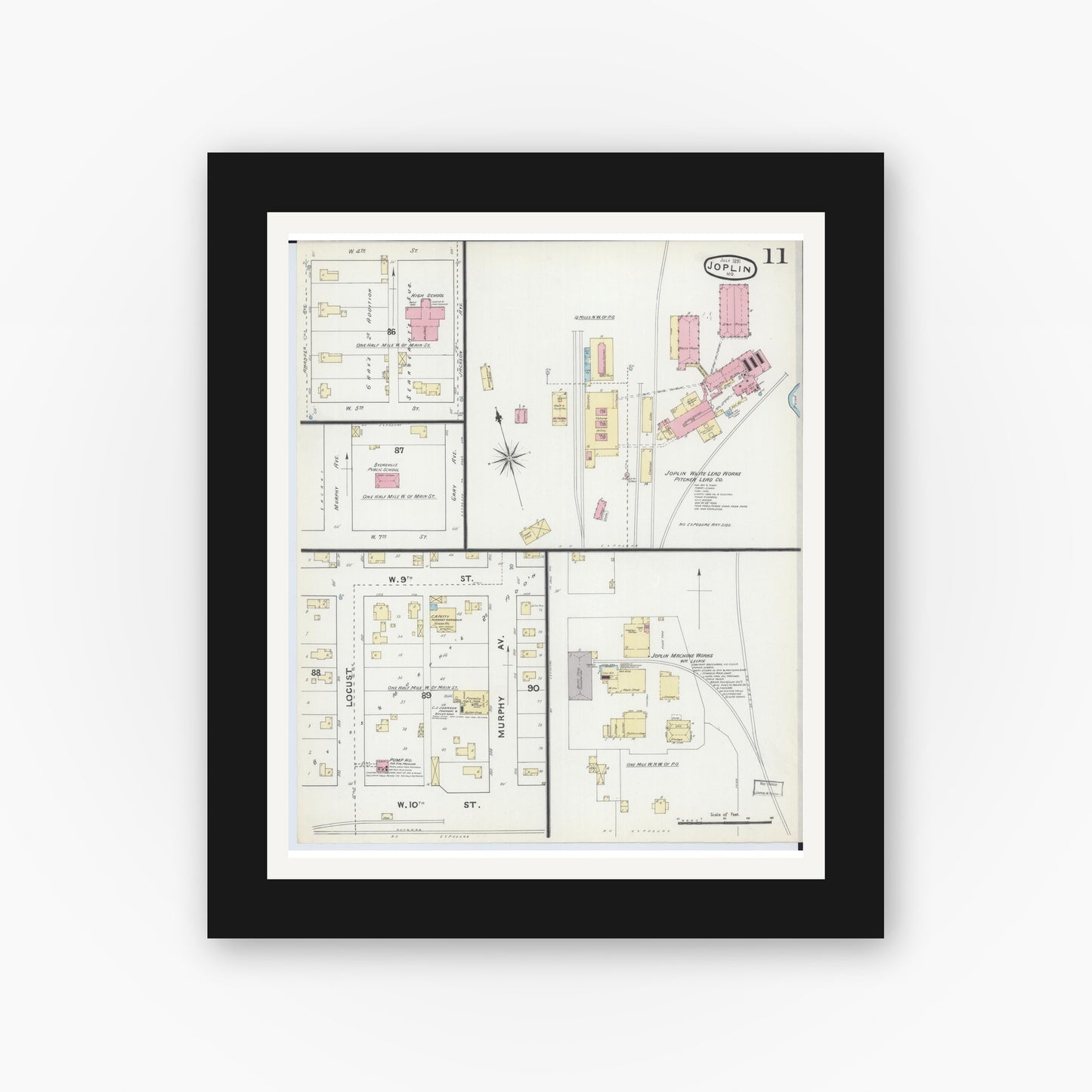 Old map wall art mockup — black gallery frame with white mat — Sanborn Fire Insurance Map from Joplin, Jasper County, Missouri (1891), Sheet #0011
