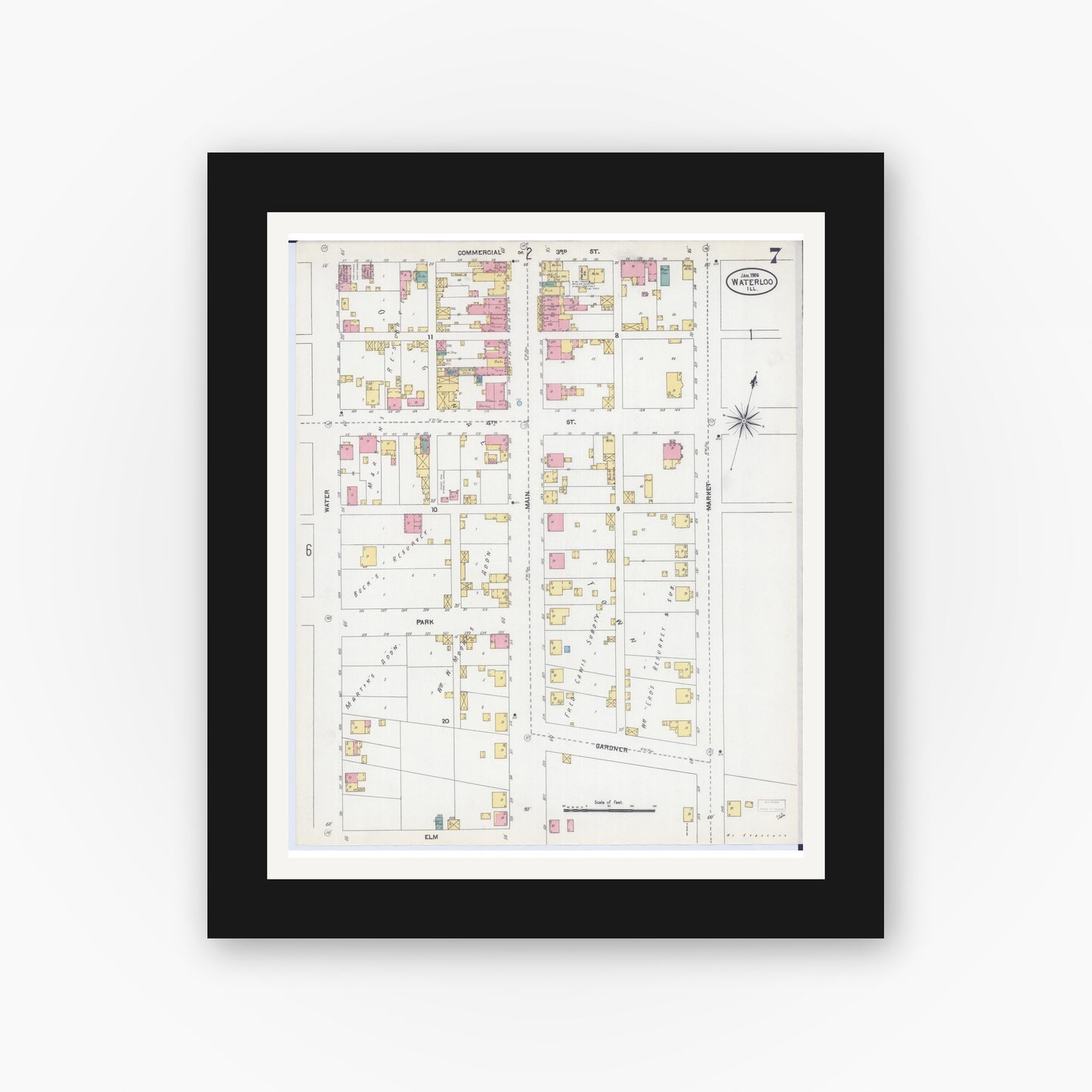 Old map wall art mockup — black gallery frame with white mat — Sanborn Fire Insurance Map from Waterloo, Monroe County, Illinois (1906), Sheet #0007