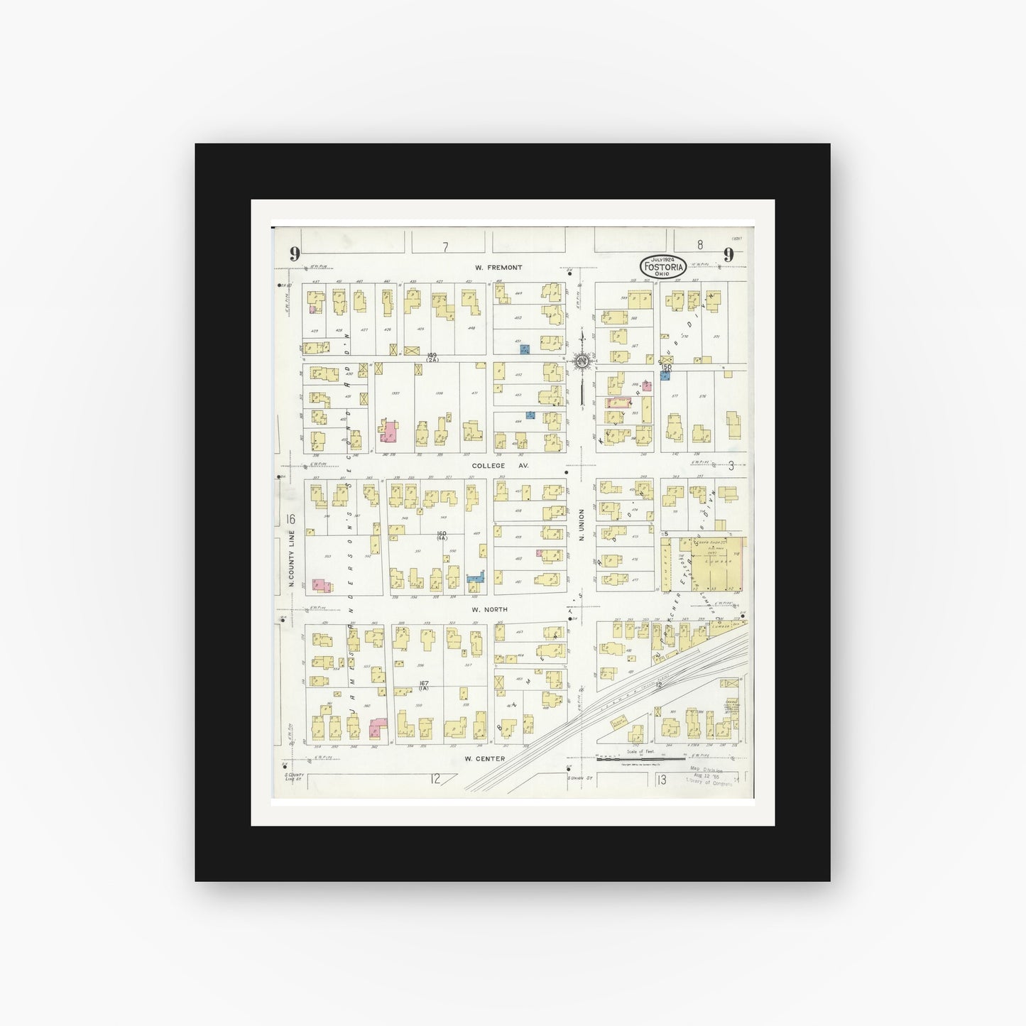 Old map wall art mockup — black gallery frame with white mat — Sanborn Fire Insurance Map from Fostoria, Seneca, Hancock, And Wood Counties, Ohio (1924), Sheet #0009