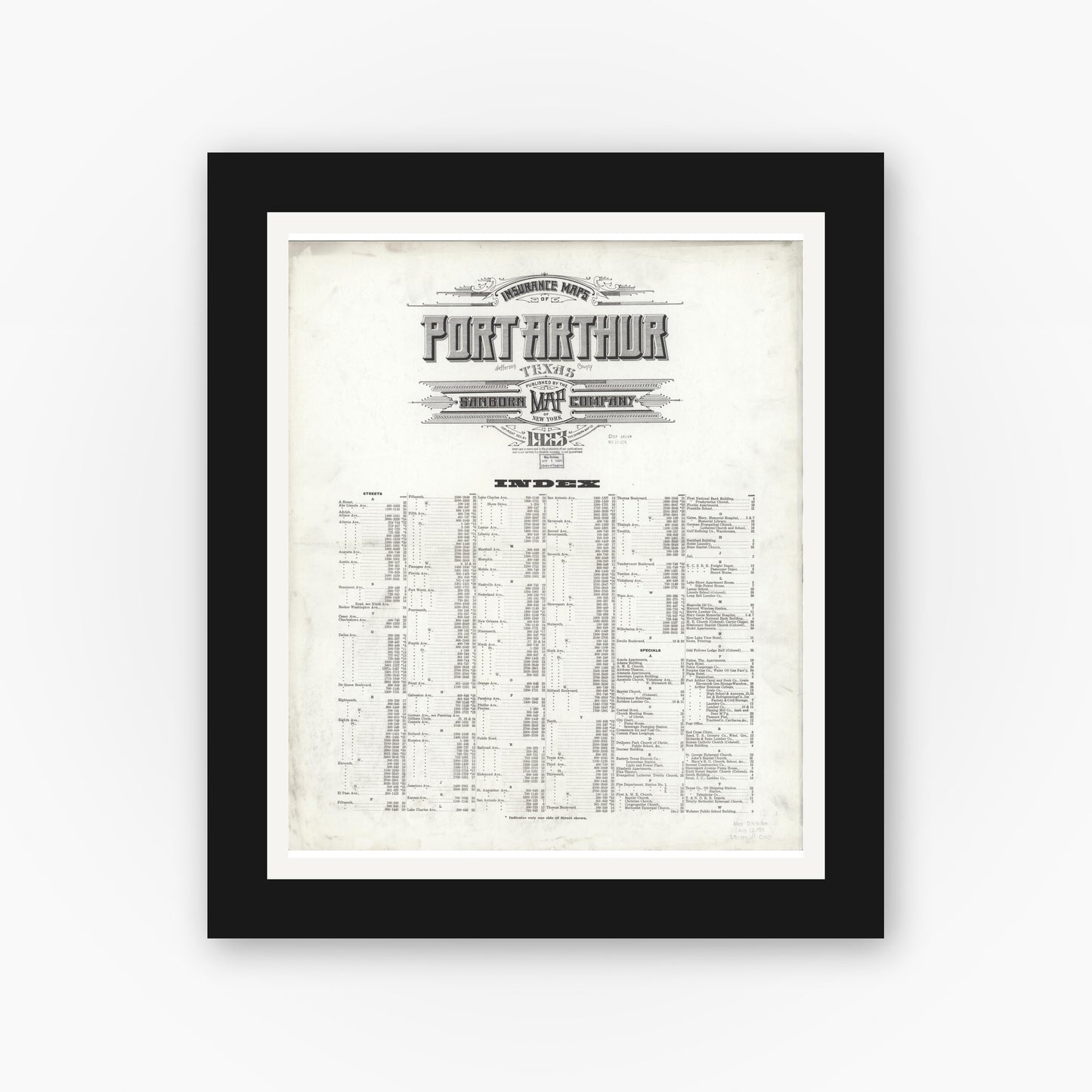 Old map wall art mockup — black gallery frame with white mat — Sanborn Fire Insurance Map from Port Arthur, Jefferson County, Texas (1923), Sheet #0001