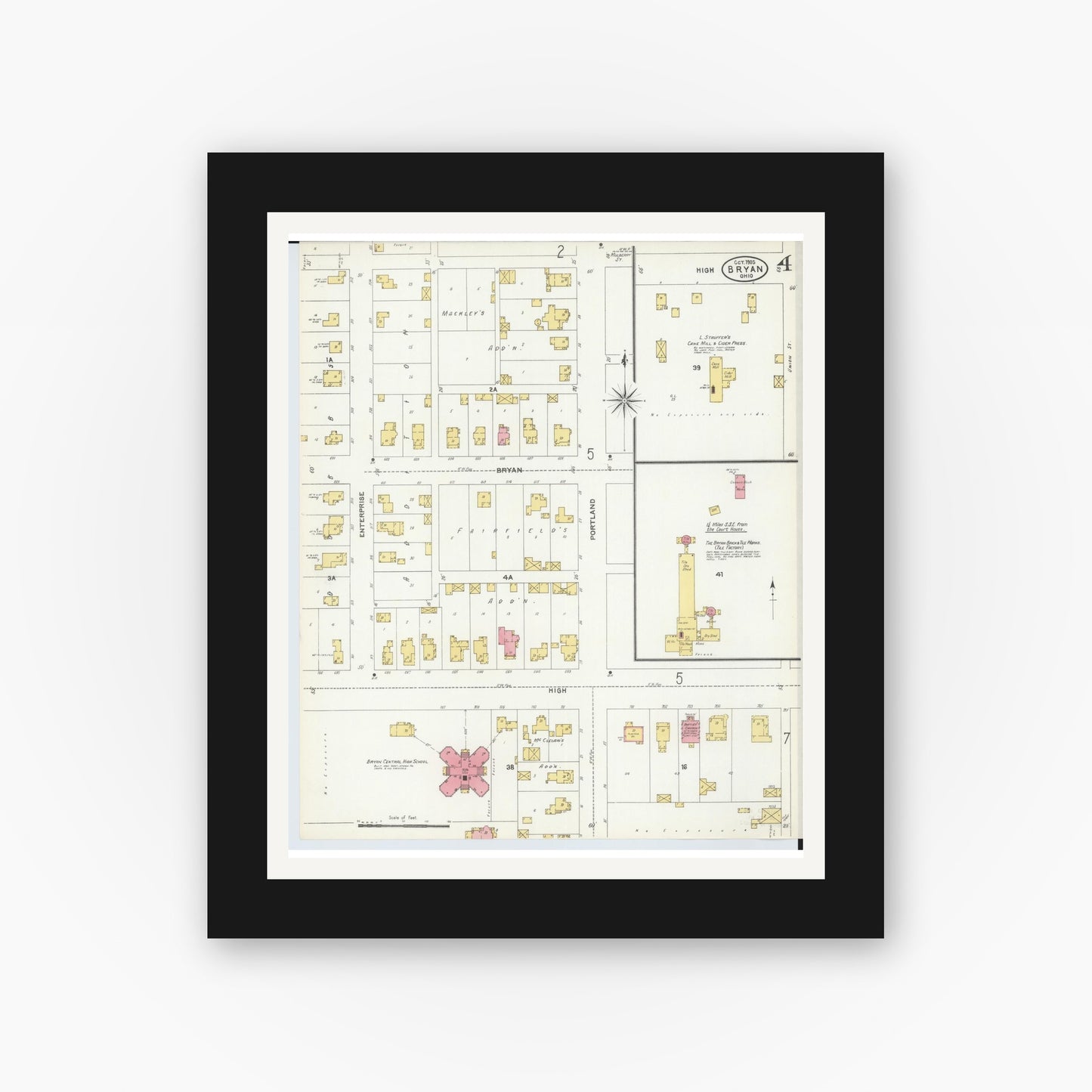 Old map wall art mockup — black gallery frame with white mat — Sanborn Fire Insurance Map from Bryan, Williams County, Ohio (1905), Sheet #0004