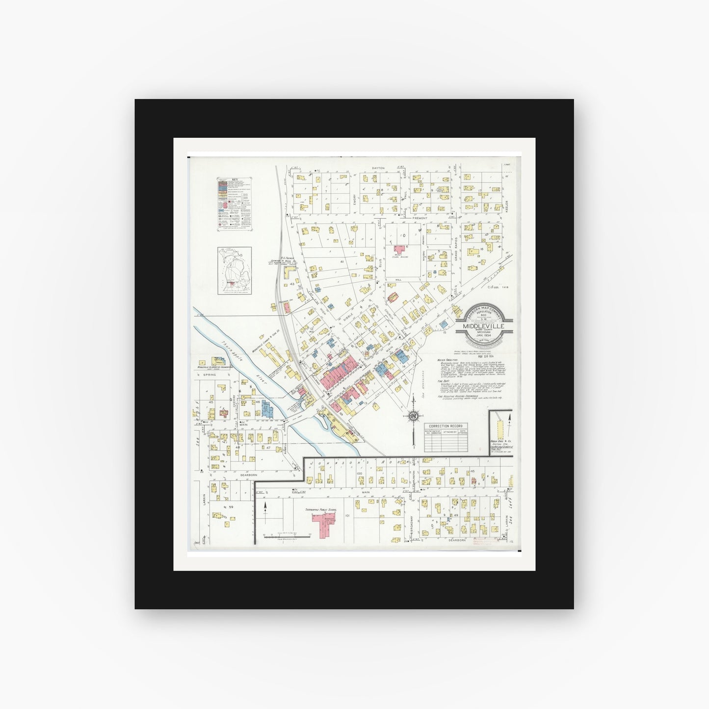 Old map wall art mockup — black gallery frame with white mat — Sanborn Fire Insurance Map from Middleville, Barry County, Michigan (1934), Sheet #0001