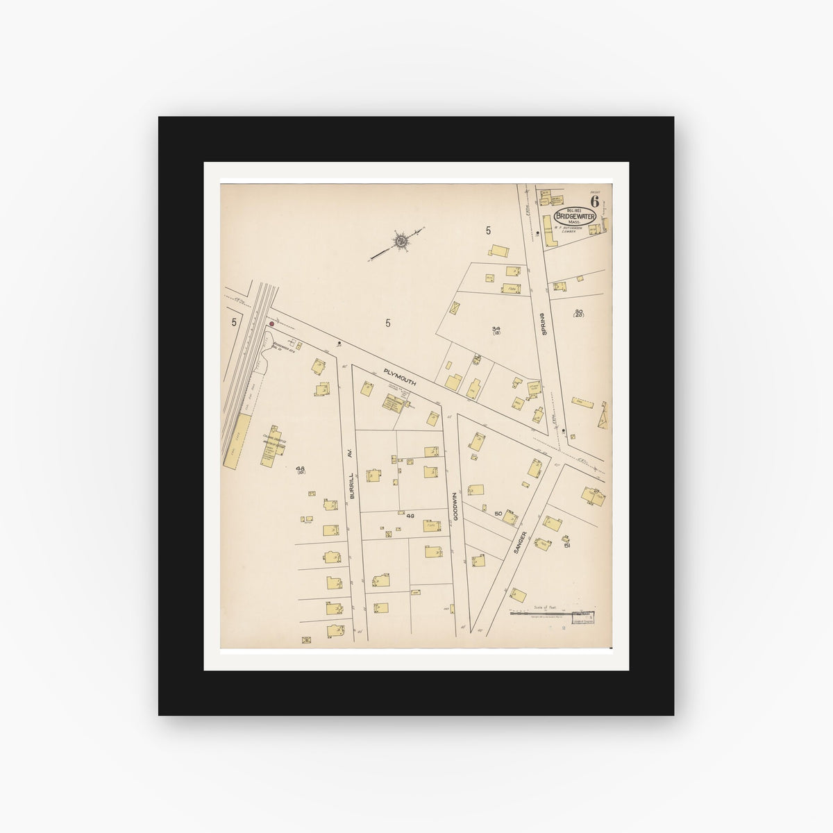 Old map wall art mockup — black gallery frame with white mat — Sanborn Fire Insurance Map from Bridgewater, Plymouth County, Massachusetts (1921), Sheet #0006