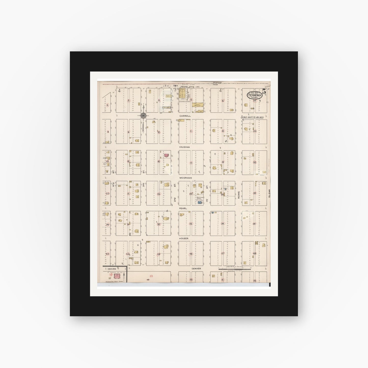 Old map wall art mockup — black gallery frame with white mat — Sanborn Fire Insurance Map from Texhoma, Texas County, Oklahoma and Sherman County, Texas, Texas (1930), Sheet #0005