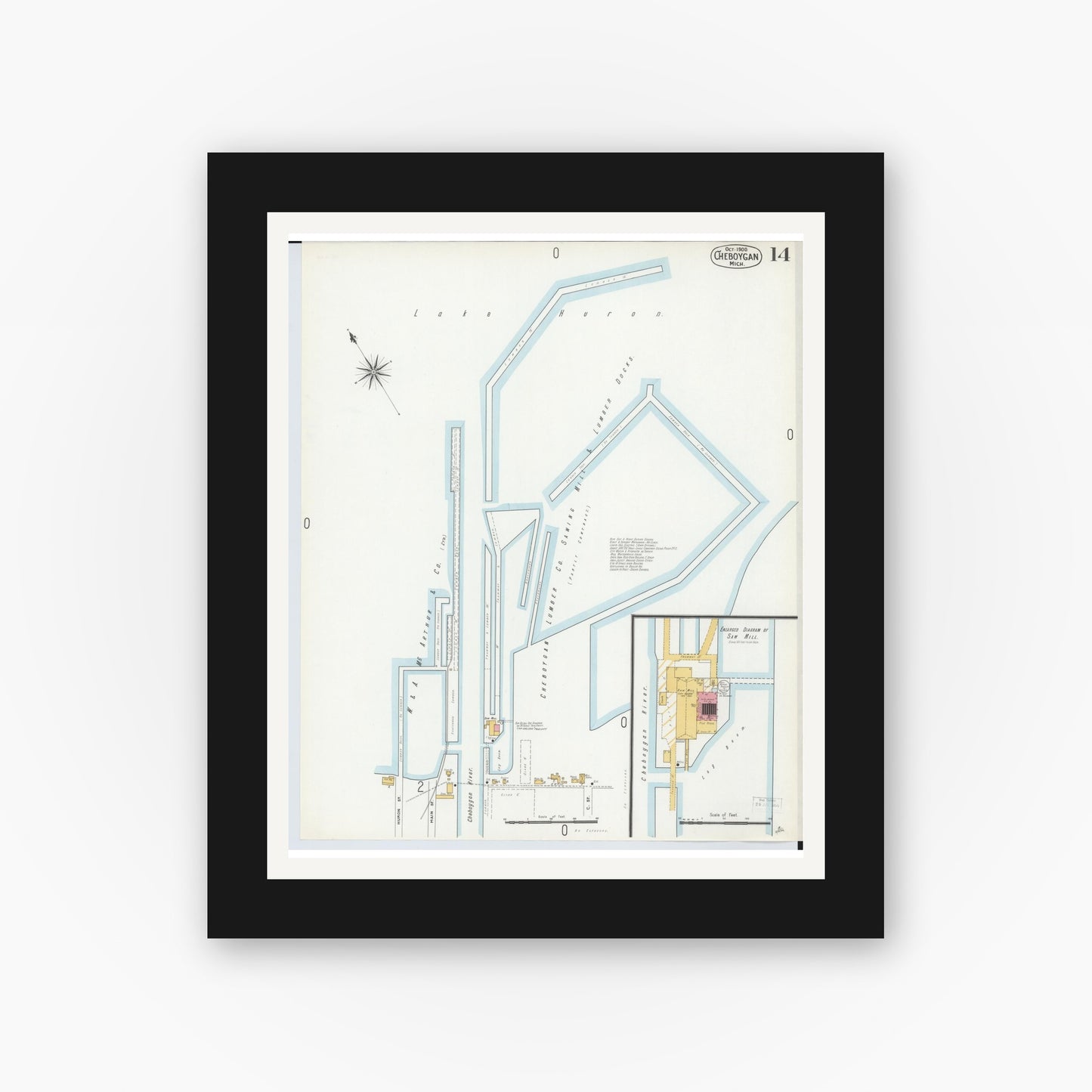 Old map wall art mockup — black gallery frame with white mat — Sanborn Fire Insurance Map from Cheboygan, Cheboygan County, Michigan (1900), Sheet #0014