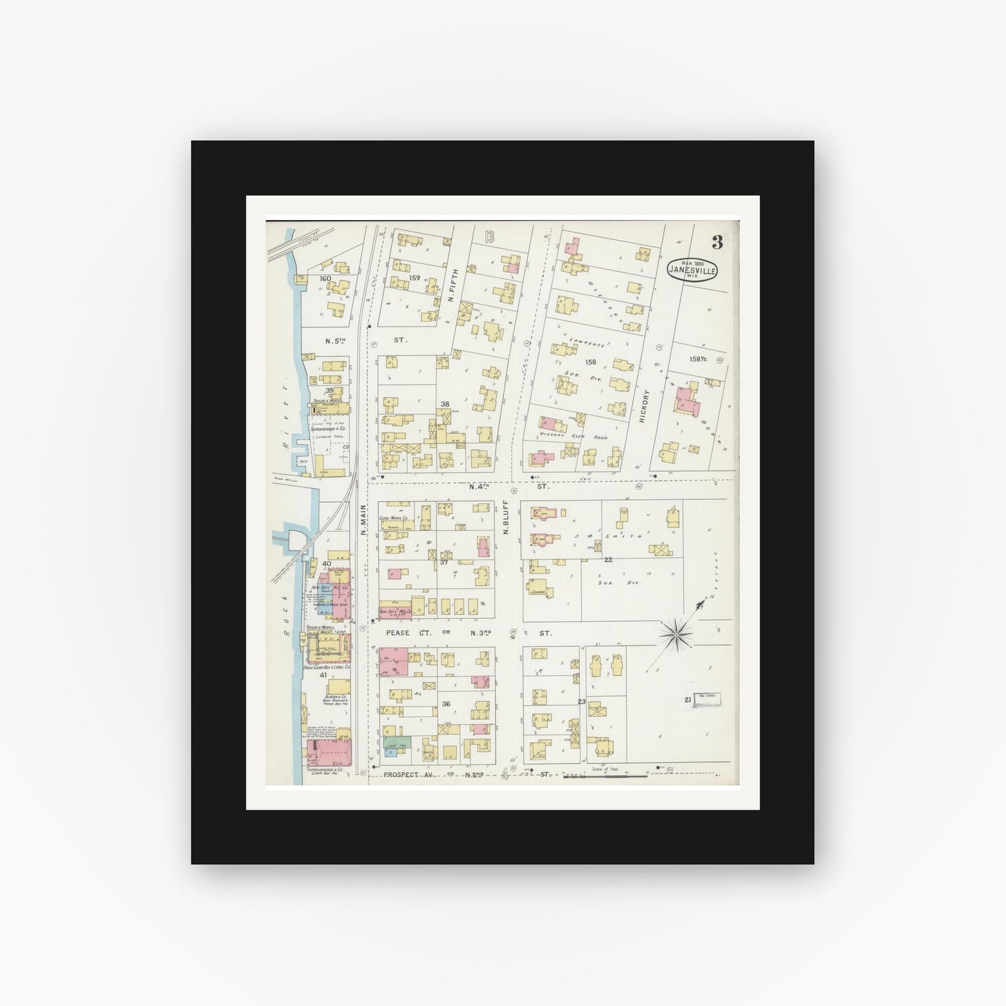 Old map wall art mockup — black gallery frame with white mat — Sanborn Fire Insurance Map from Janesville, Rock County, Wisconsin (1895), Sheet #0003