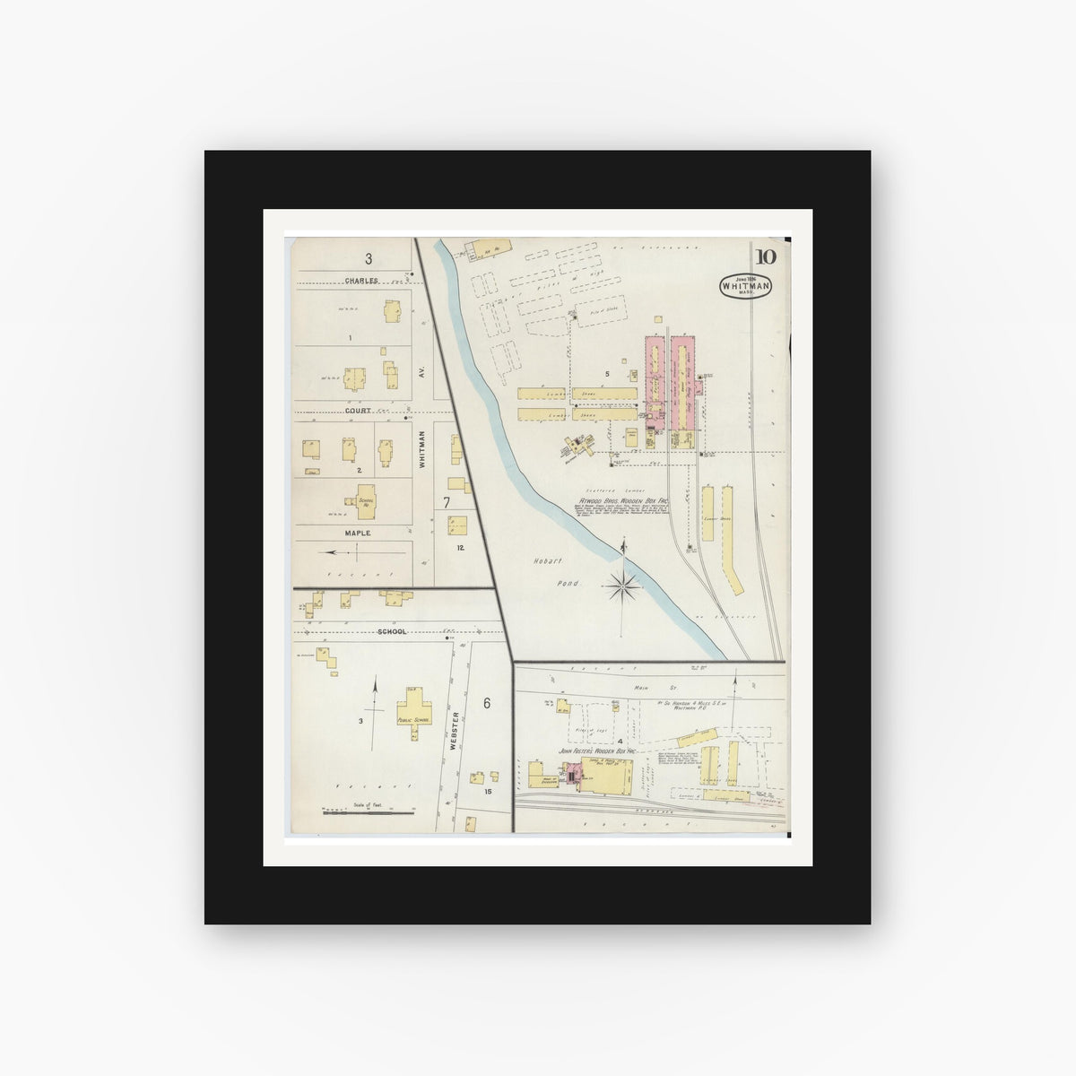 Old map wall art mockup — black gallery frame with white mat — Sanborn Fire Insurance Map from Whitman, Plymouth County, Massachusetts (1896), Sheet #0010
