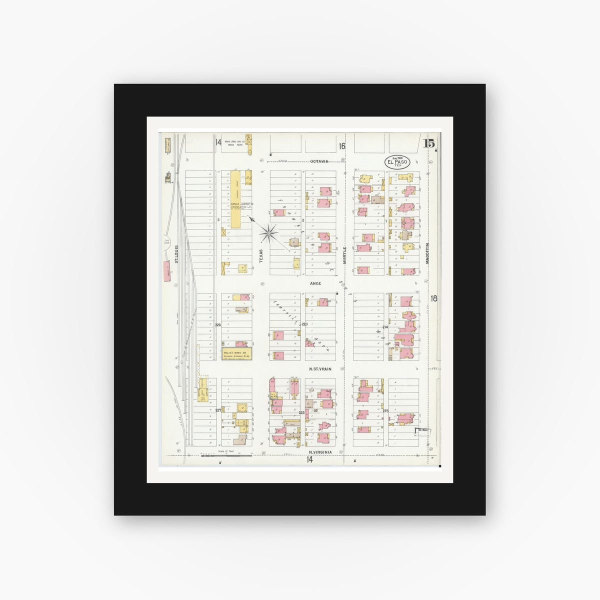 Old map wall art mockup — black gallery frame with white mat — Sanborn Fire Insurance Map from El Paso, El Paso County, Texas (1900), Sheet #0015