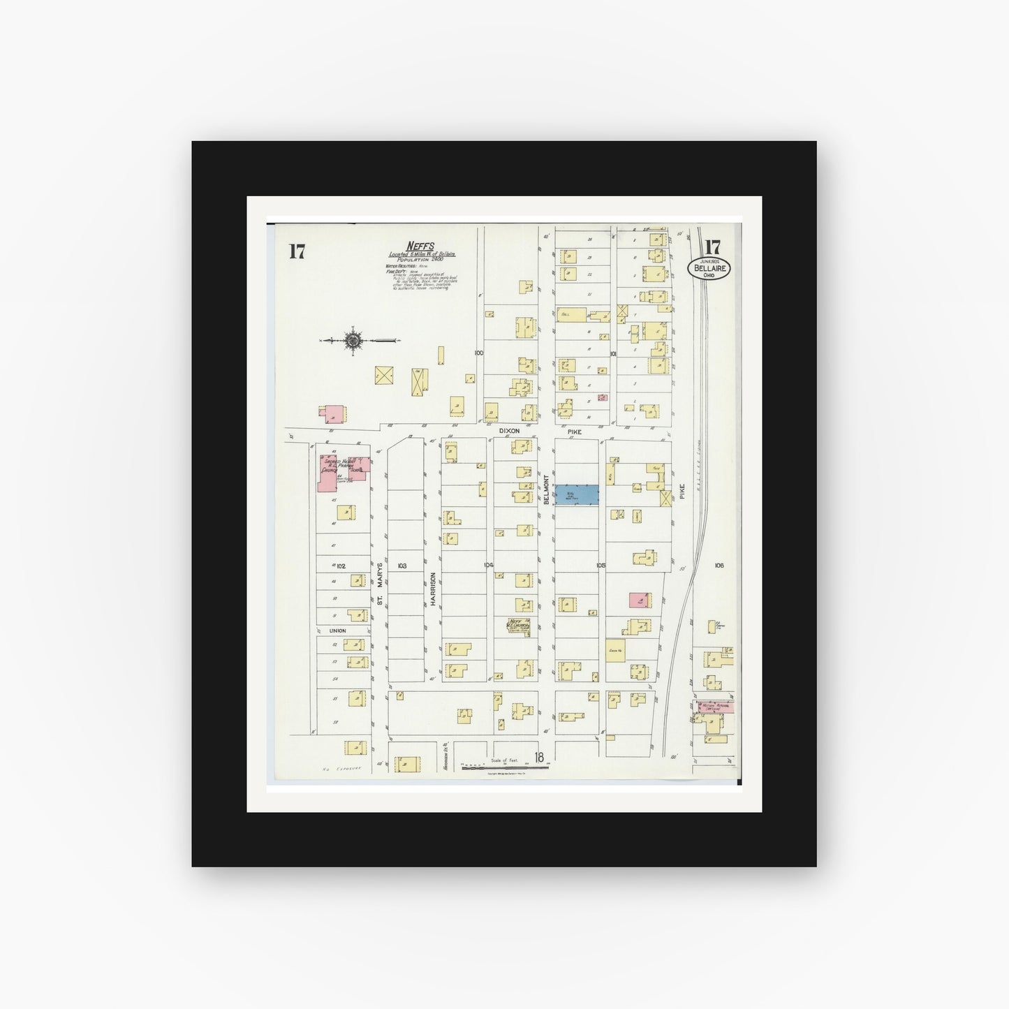 Old map wall art mockup — black gallery frame with white mat — Sanborn Fire Insurance Map from Bellaire, Belmont County, Ohio (1924), Sheet #0017